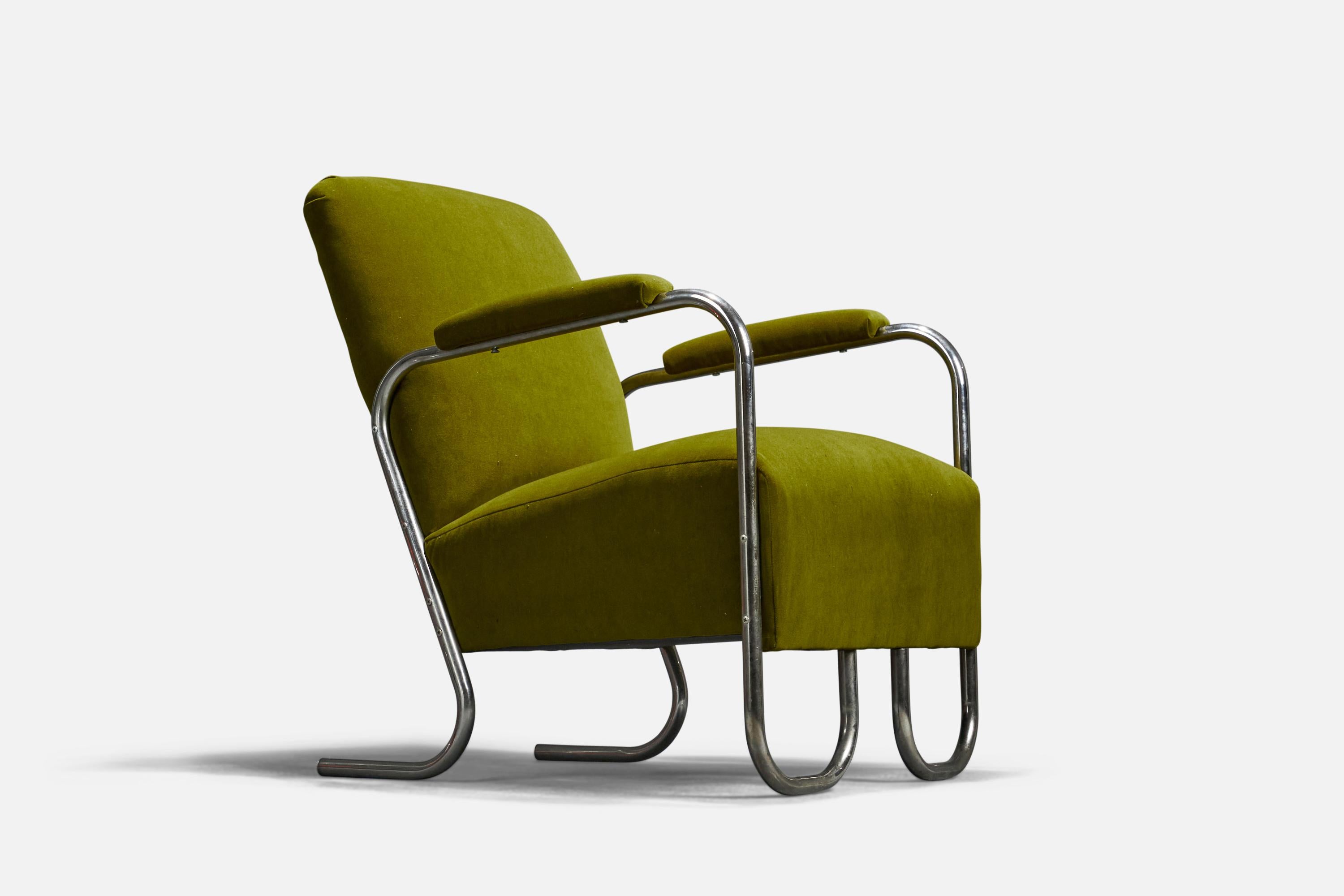 A pair of tubular steel and green velvet lounge chairs designed and produced in the United States, 1930s.