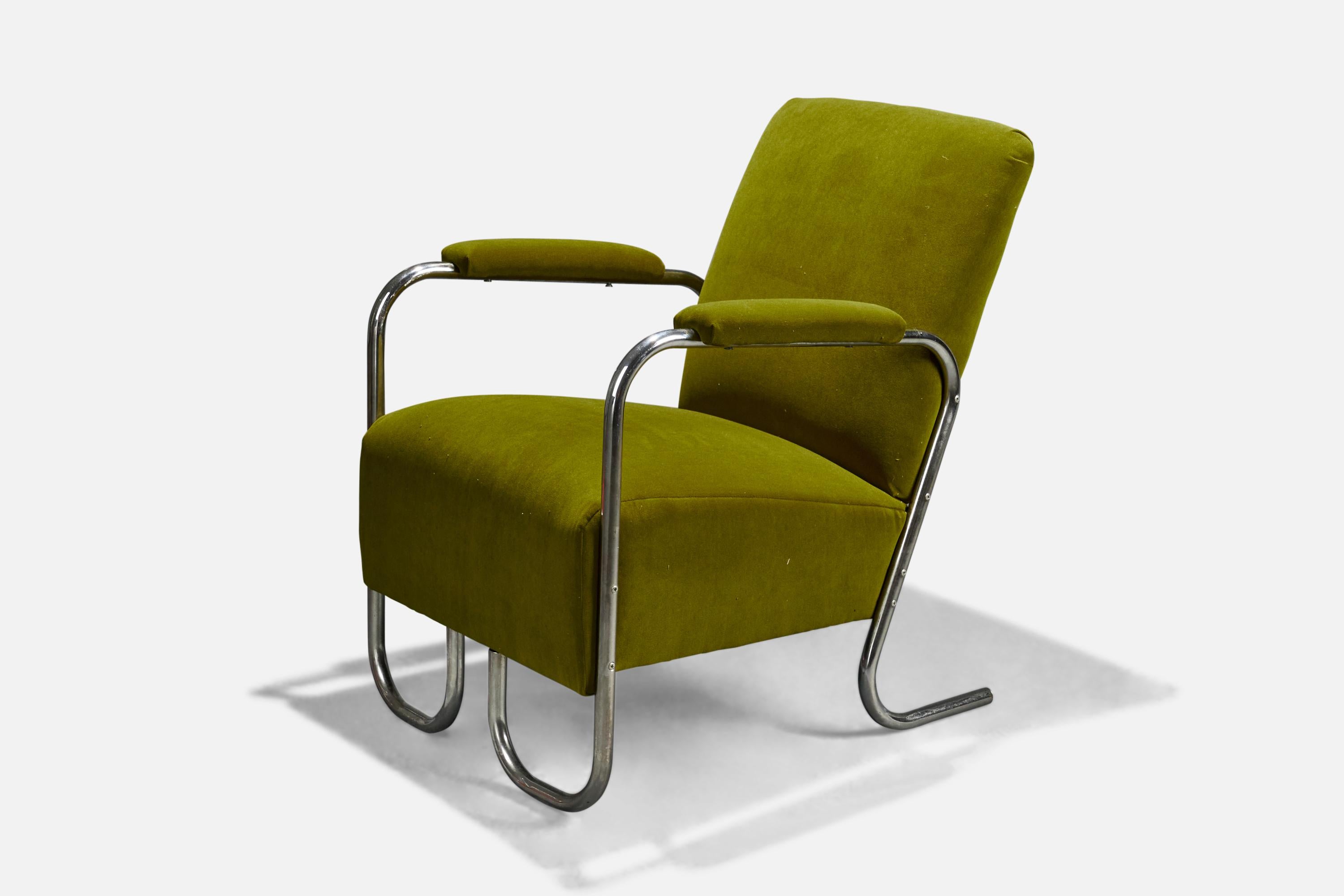 Mid-Century Modern American Designer, Lounge Chairs, Tubular Steel, Green Velvet, USA, 1930s For Sale