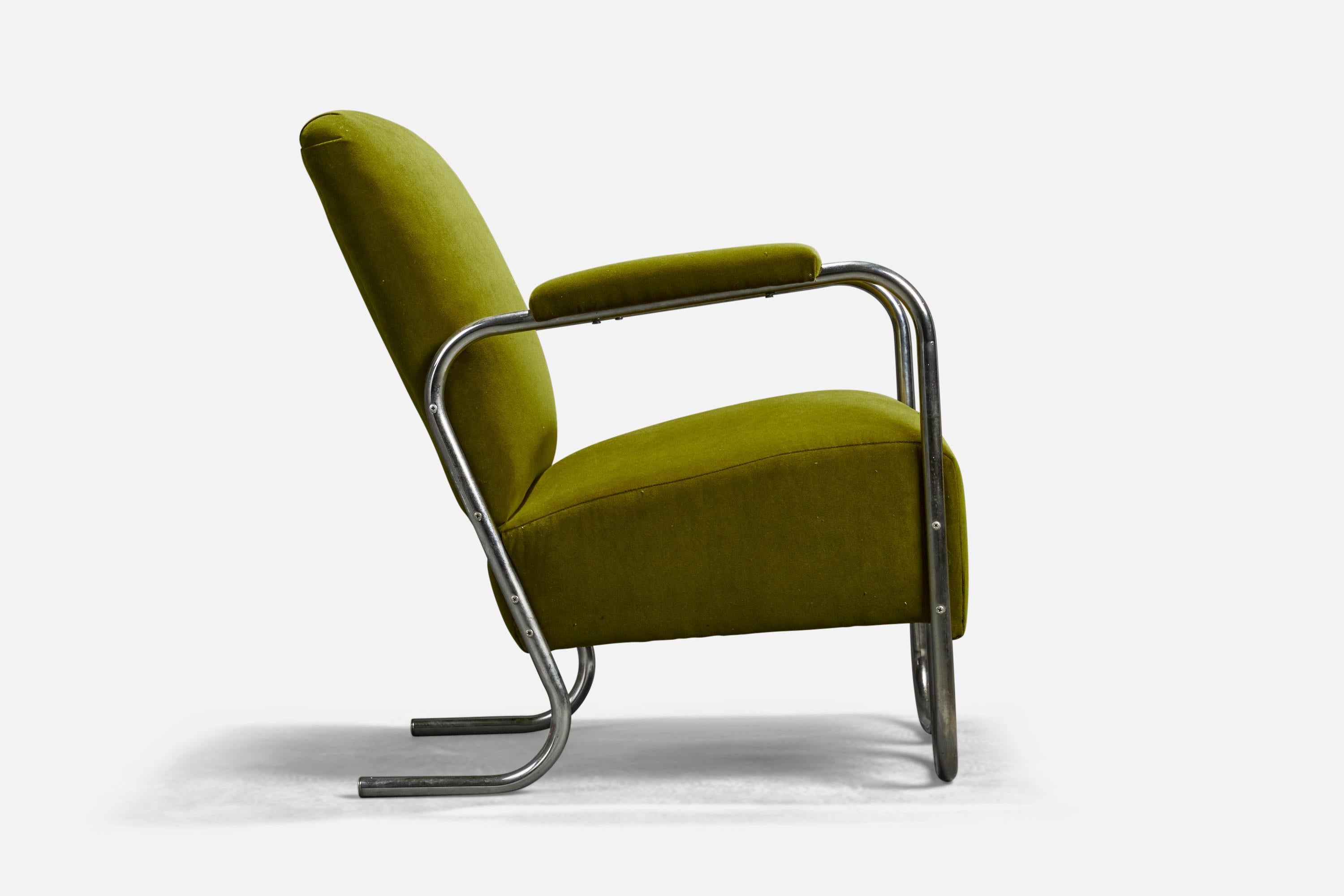 Mid-20th Century American Designer, Lounge Chairs, Tubular Steel, Green Velvet, USA, 1930s For Sale