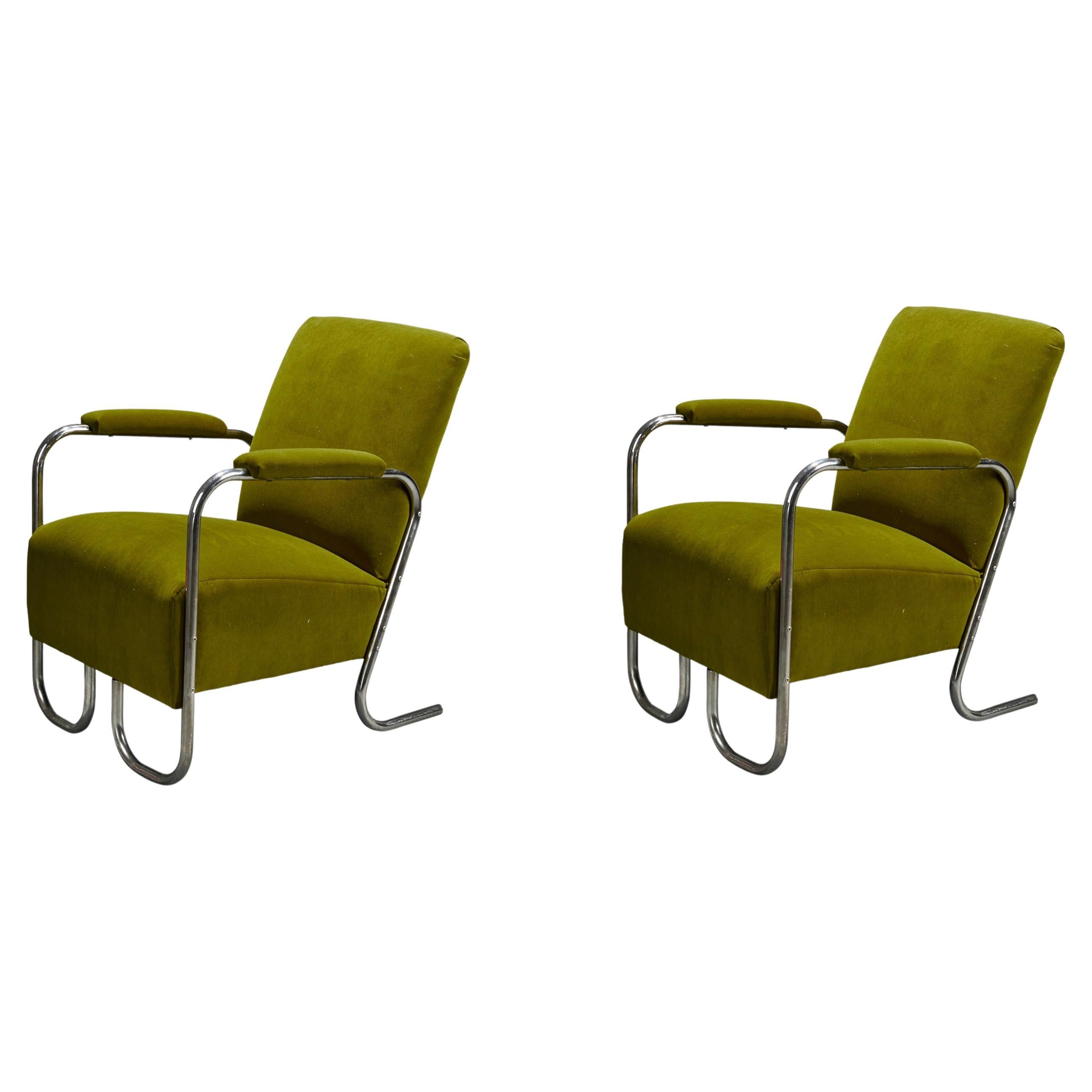 American Designer, Lounge Chairs, Tubular Steel, Green Velvet, USA, 1930s For Sale