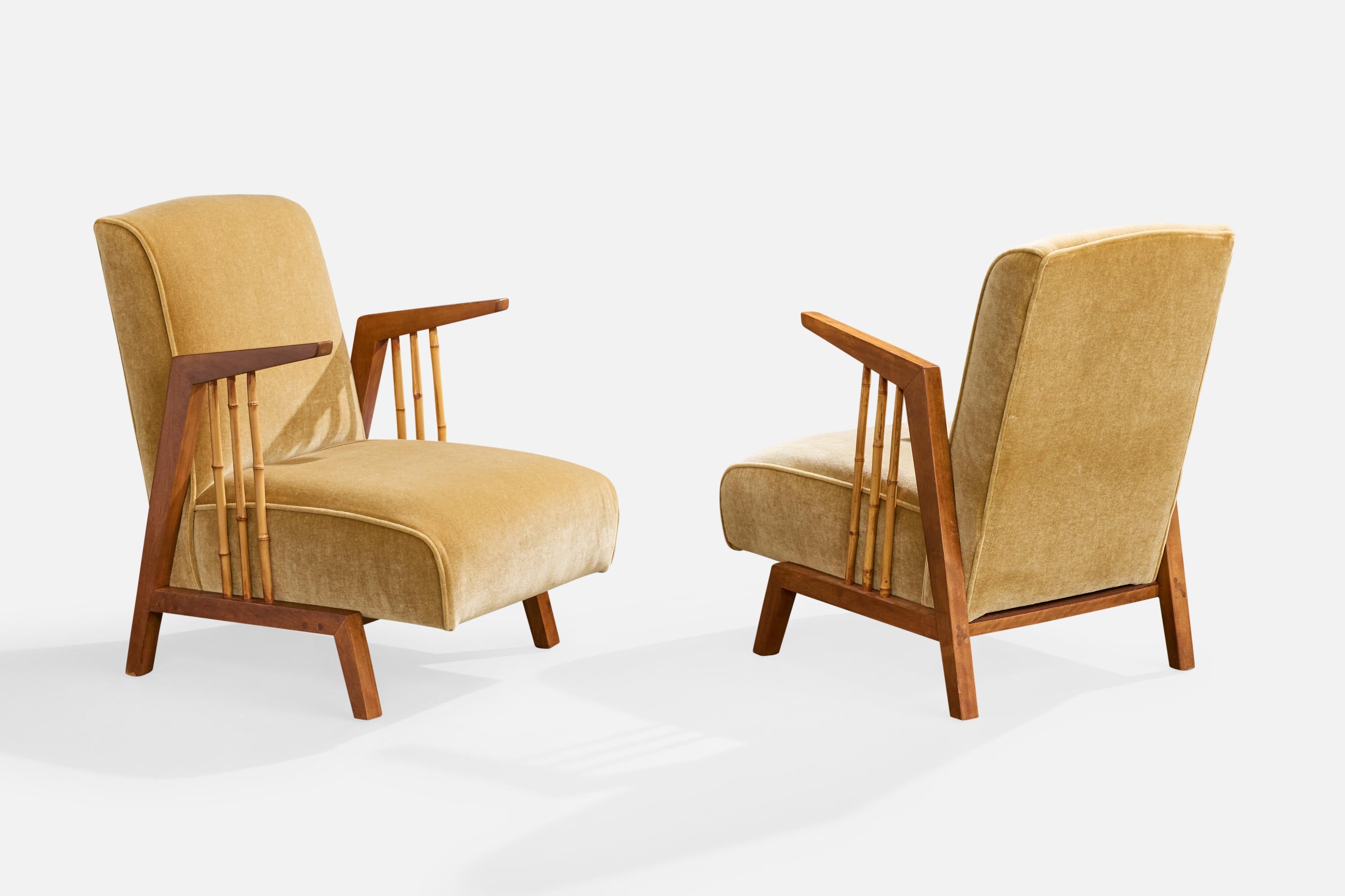 Diseñador americano, Sillas de salón, Madera, Bambú, Terciopelo, EE.UU., Años 50 Moderno de mediados de siglo en venta