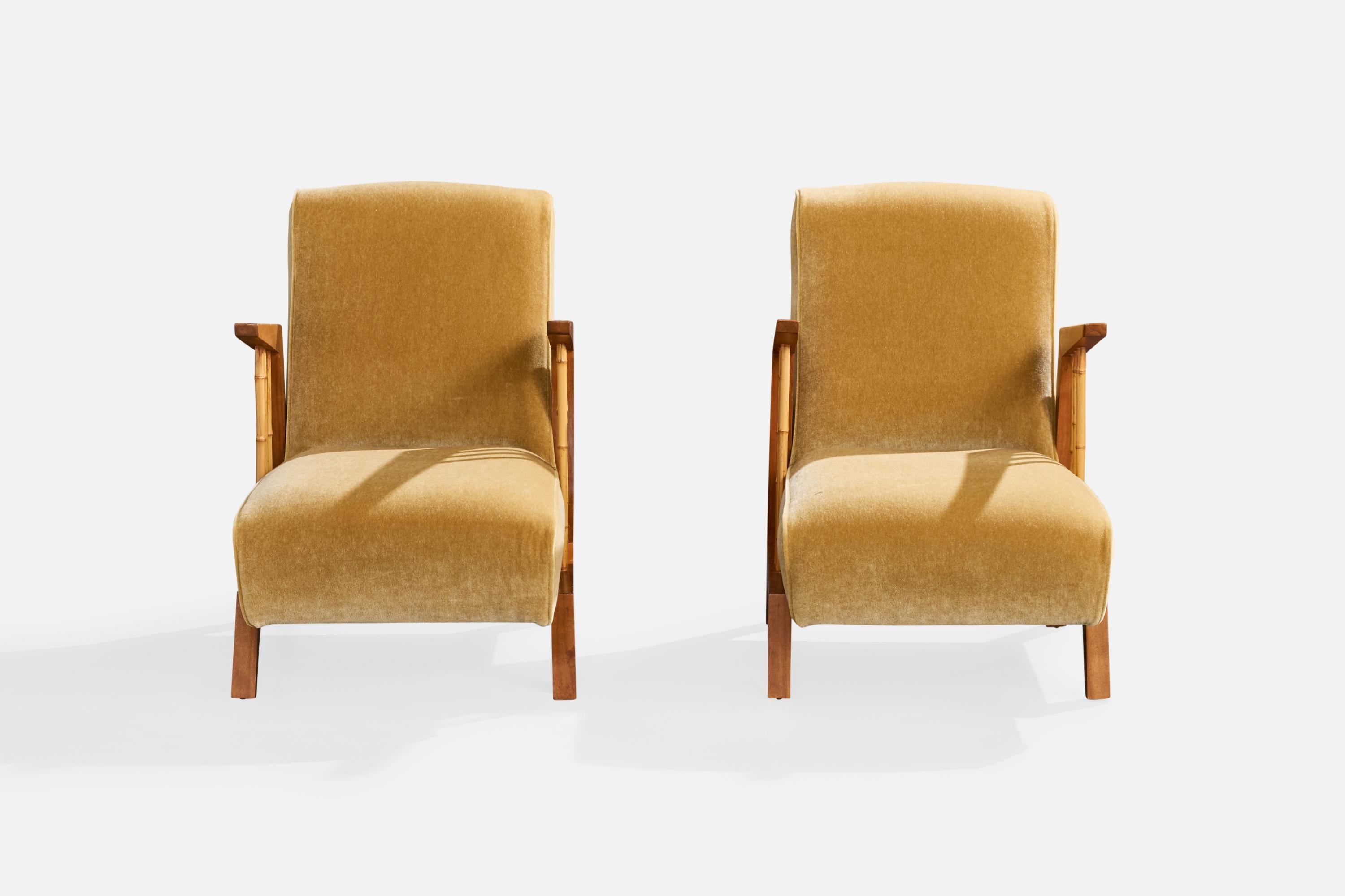 Diseñador americano, Sillas de salón, Madera, Bambú, Terciopelo, EE.UU., Años 50 Estadounidense en venta