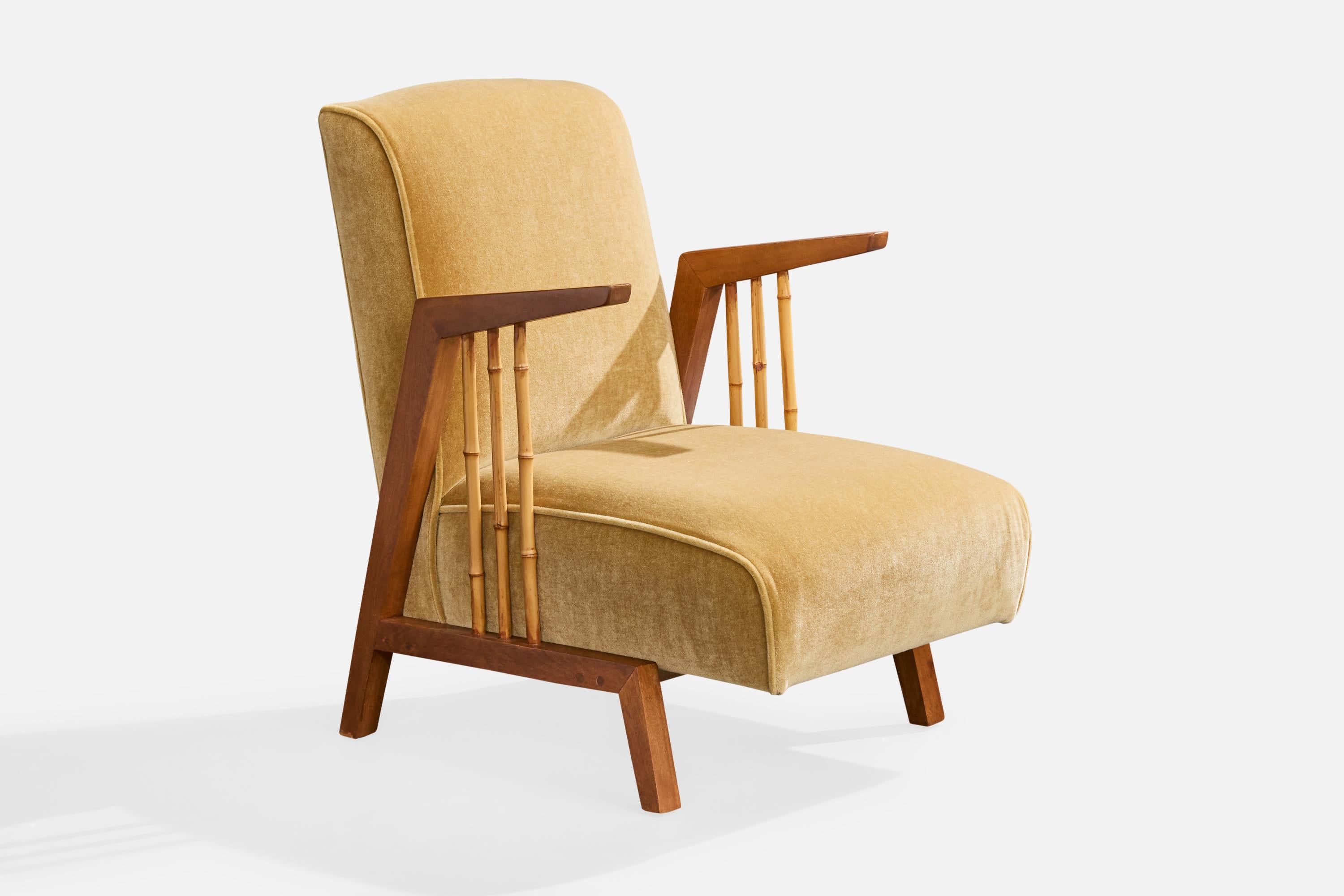 Diseñador americano, Sillas de salón, Madera, Bambú, Terciopelo, EE.UU., Años 50 en Bueno estado para la venta en High Point, NC