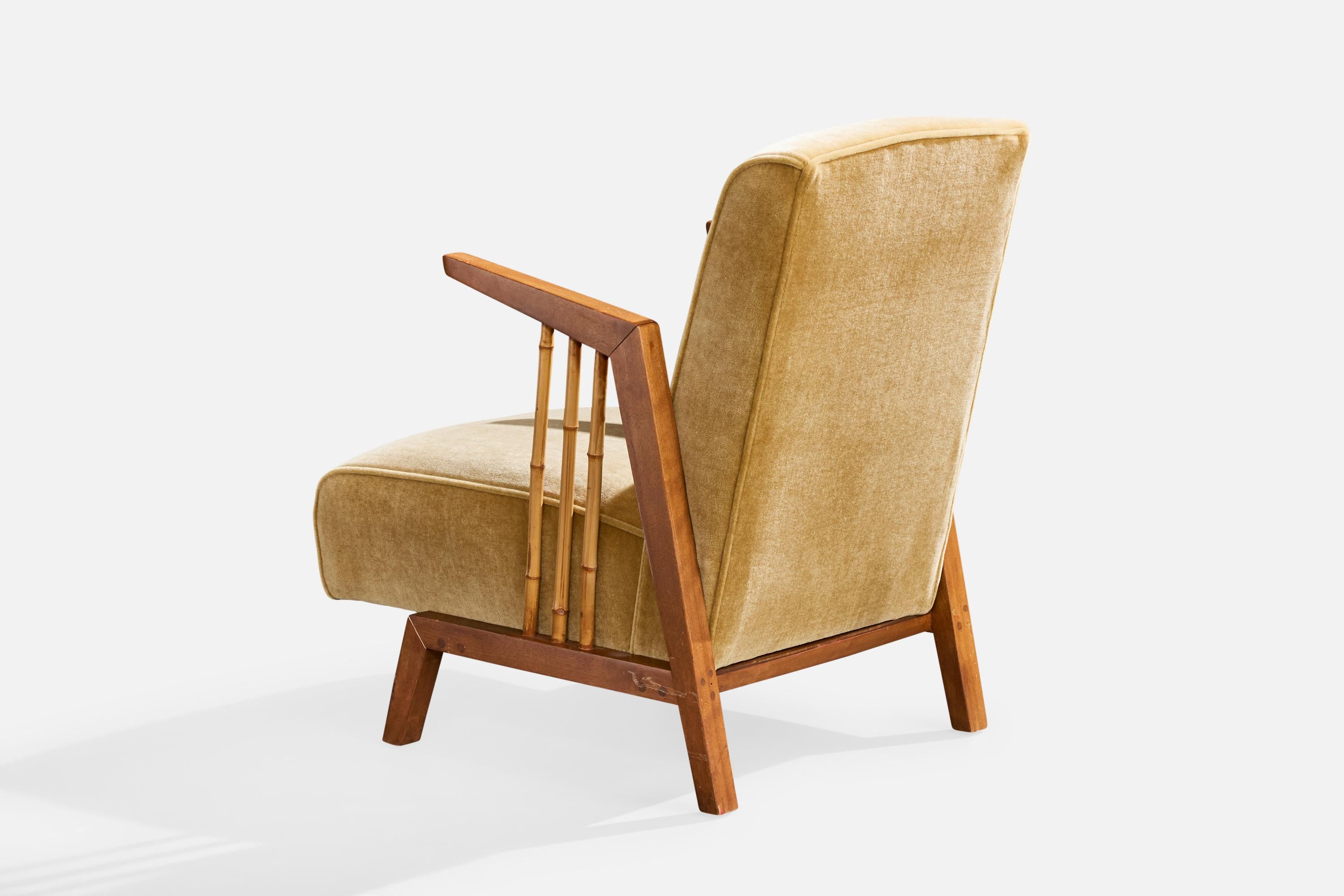 Diseñador americano, Sillas de salón, Madera, Bambú, Terciopelo, EE.UU., Años 50 mediados del siglo XX en venta