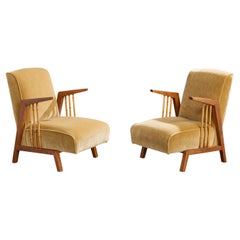 American Designer, Lounge Chairs, Wood, Bamboo, Velvet, USA, 1950s