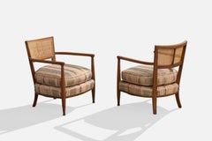 American Designer, Lounge Chairs, Wood, Cane, Fabric, USA, 1950s