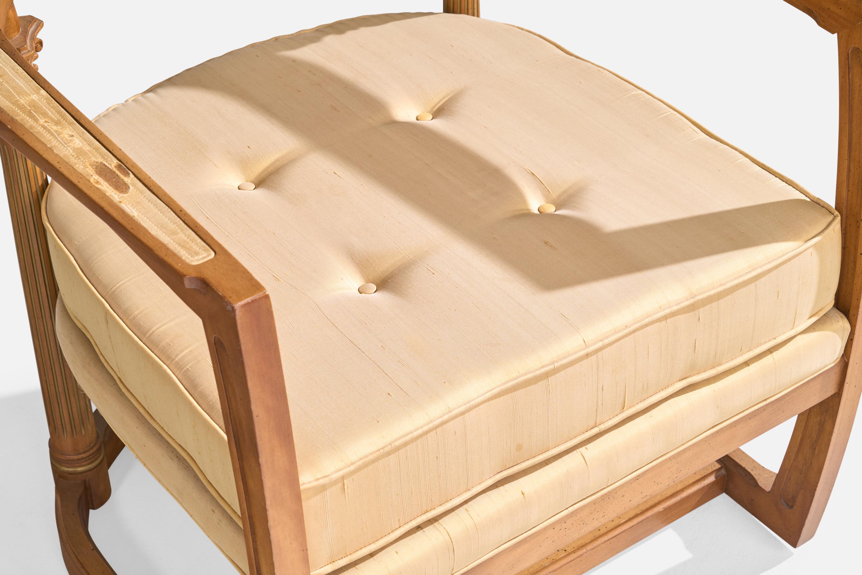 Amerikanische Designerin, Loungesessel, Holz, Stoff, USA, 1940er Jahre im Angebot 1