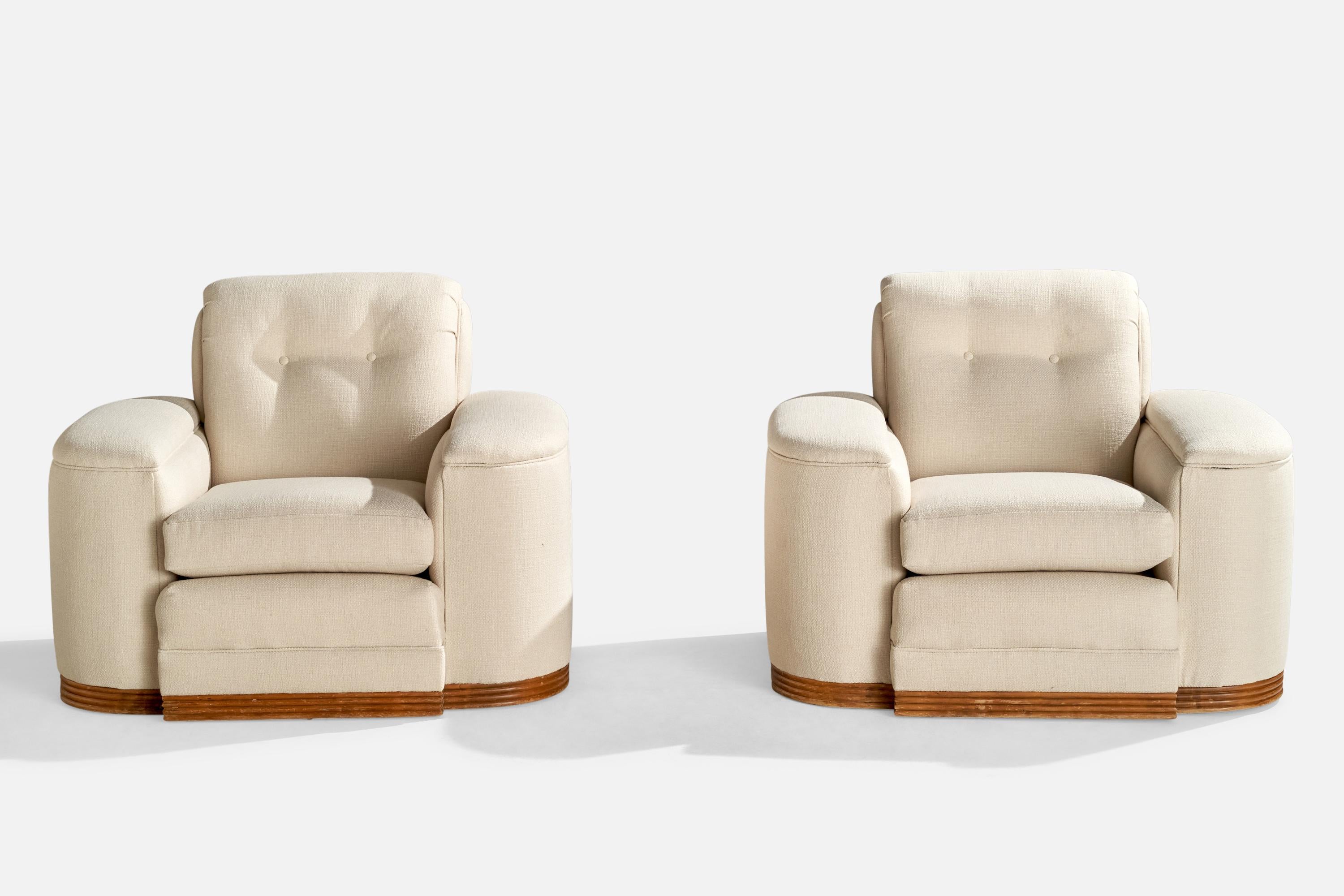 Mid-Century Modern American Designer, Lounge Chairs, Wood, Fabric, USA, 1950s For Sale