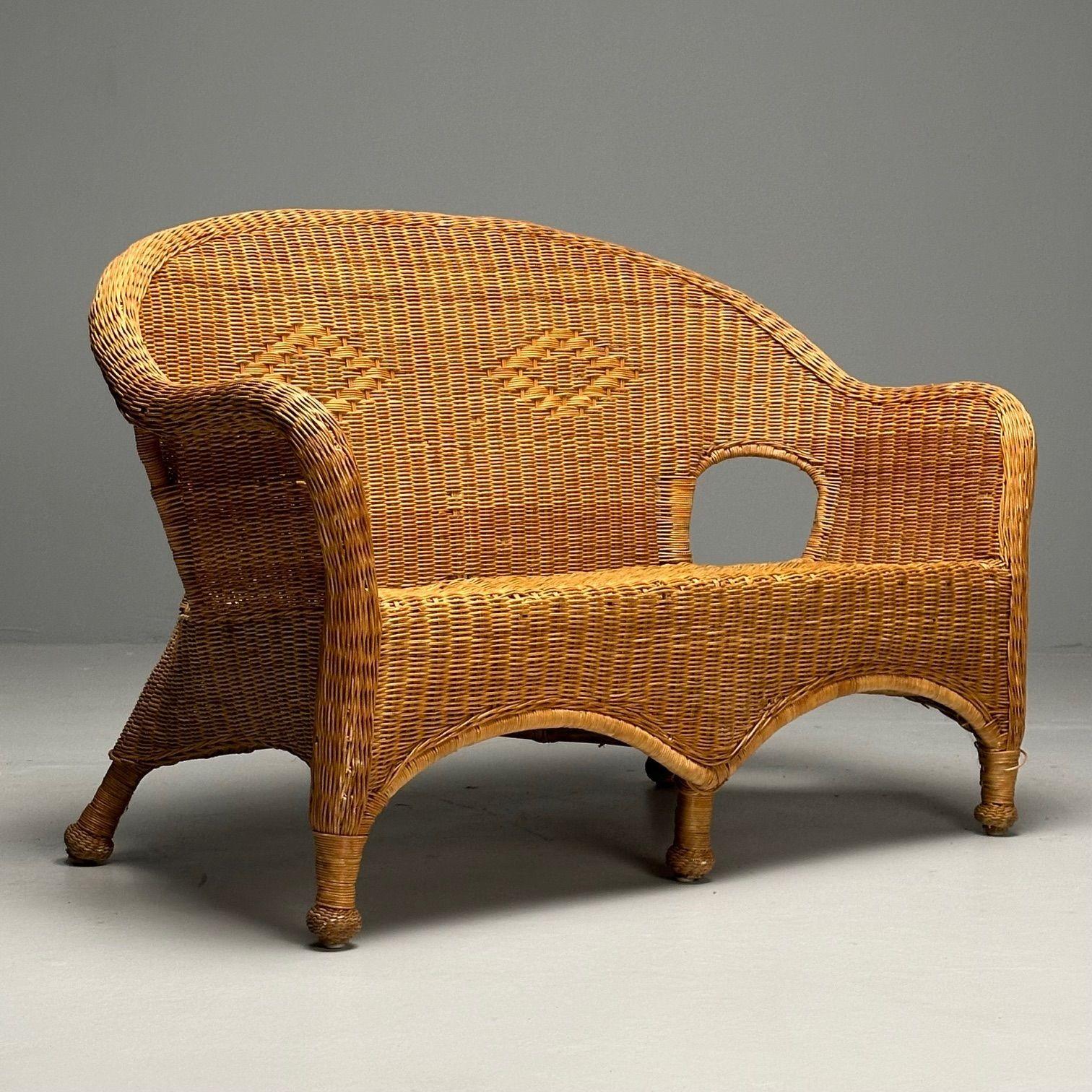 American Designer, Mid-Century Modern, Wicker Settee, USA, 1970s

Settee of hump back form with double diamond back design in good condition. Minor breaks in wicker. Price well below market. See video for condition.

H 34 D 22 W 54 SH16