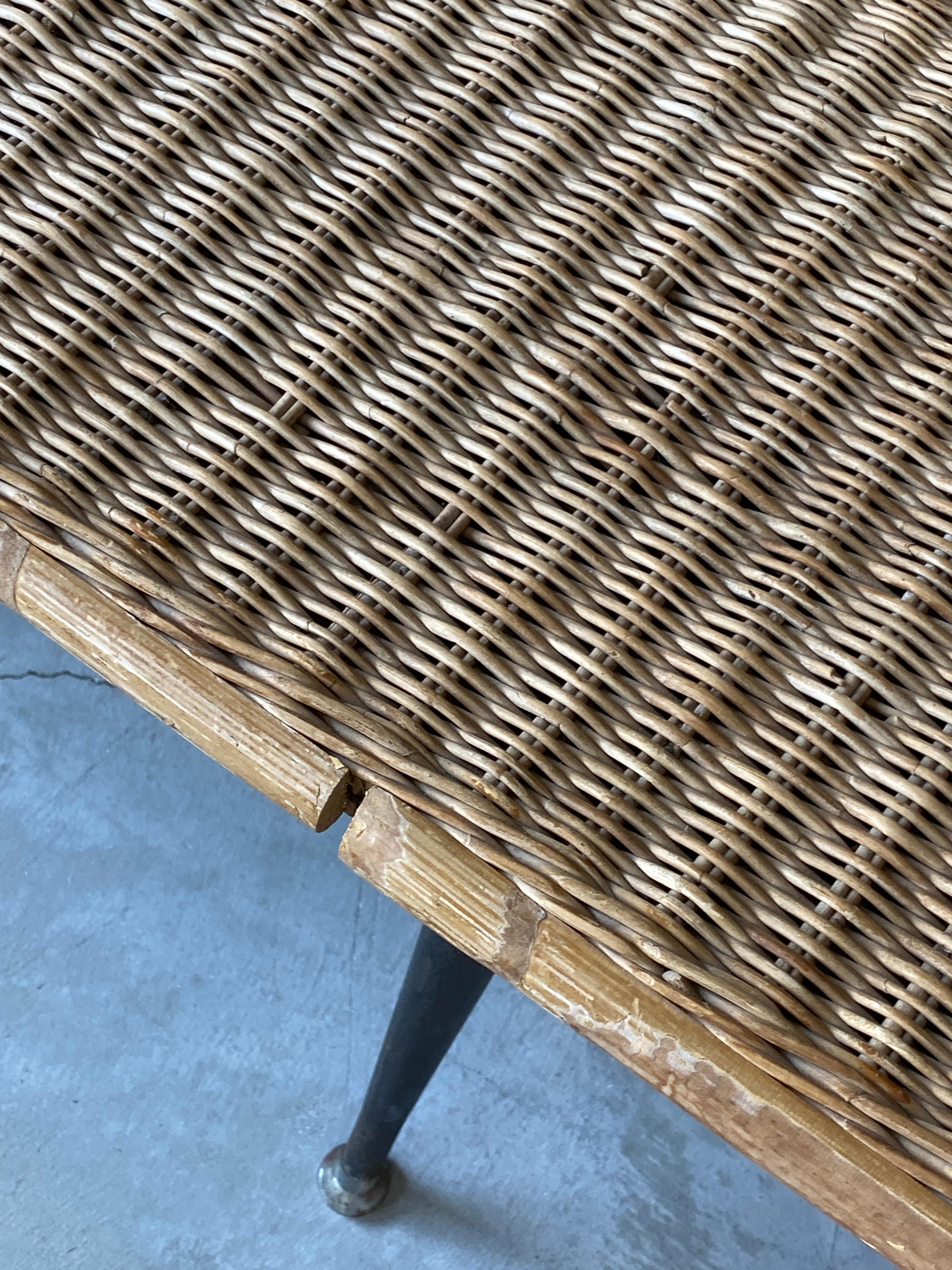 Mid-20th Century American Designer, Minimalist Bench, Woven Rattan, Bamboo, Lacquered Steel 1950s