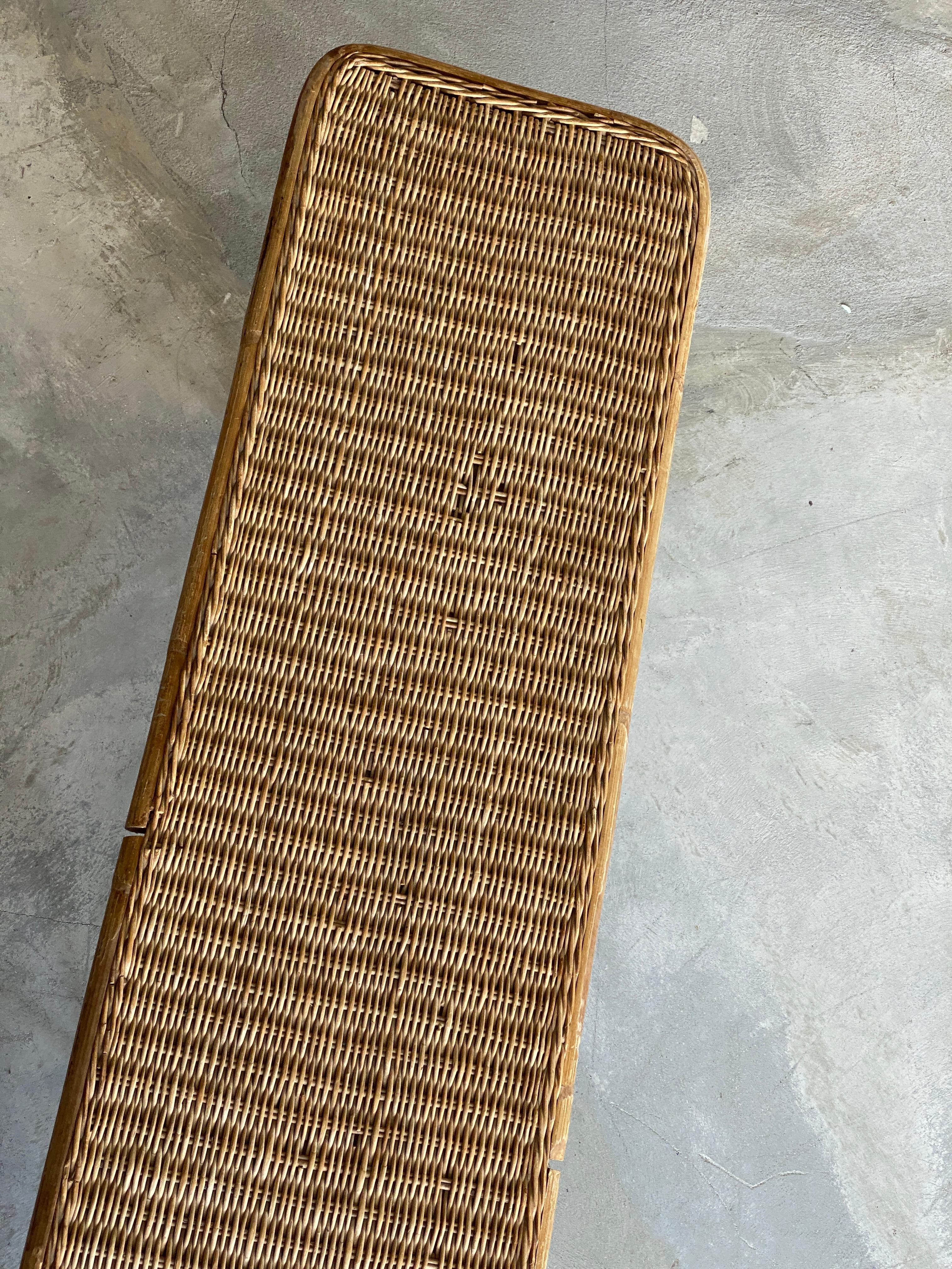 American Designer, Minimalist Bench, Woven Rattan, Bamboo, Lacquered Steel 1950s 1