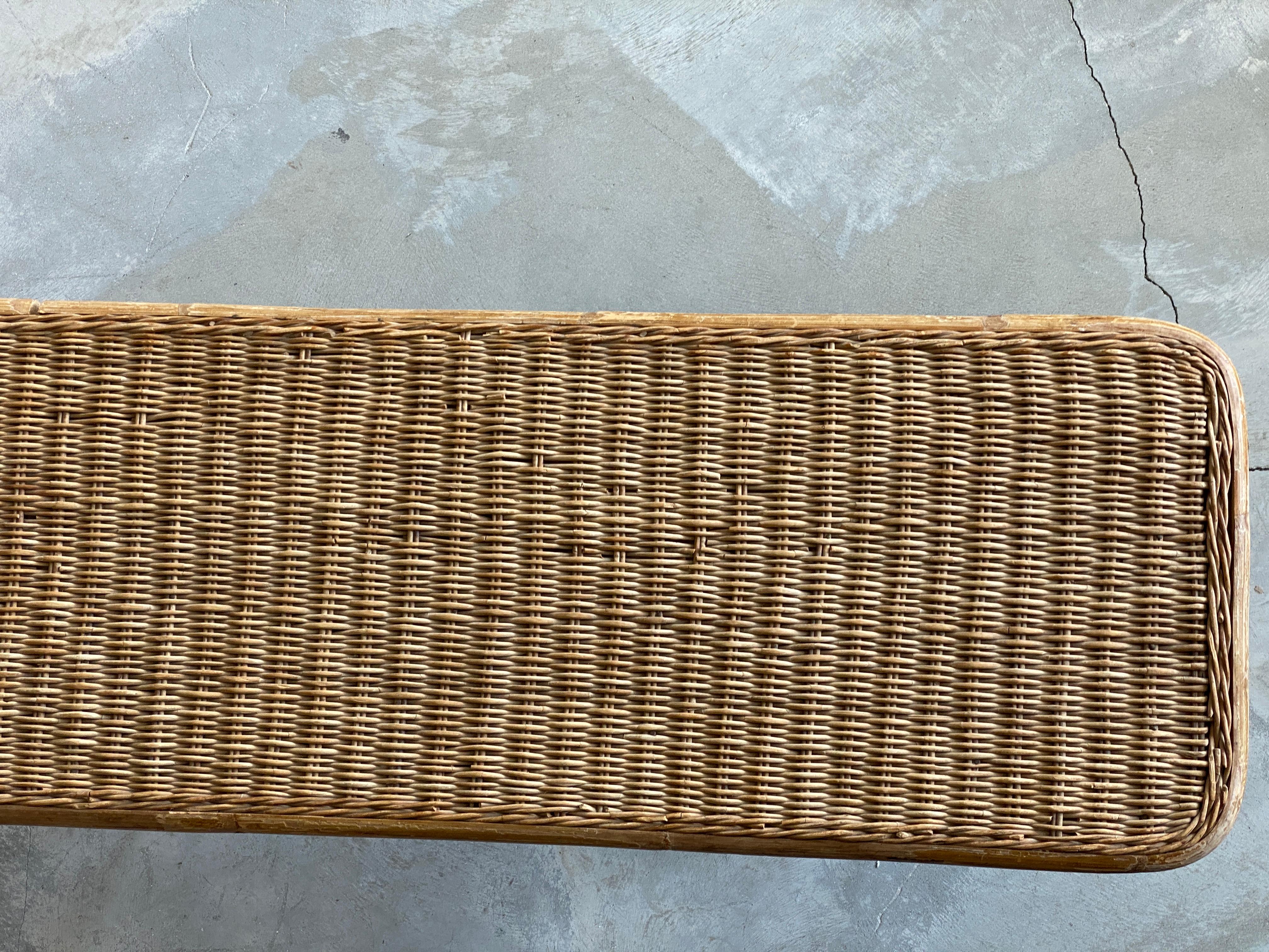 American Designer, Minimalist Bench, Woven Rattan, Bamboo, Lacquered Steel 1950s 2