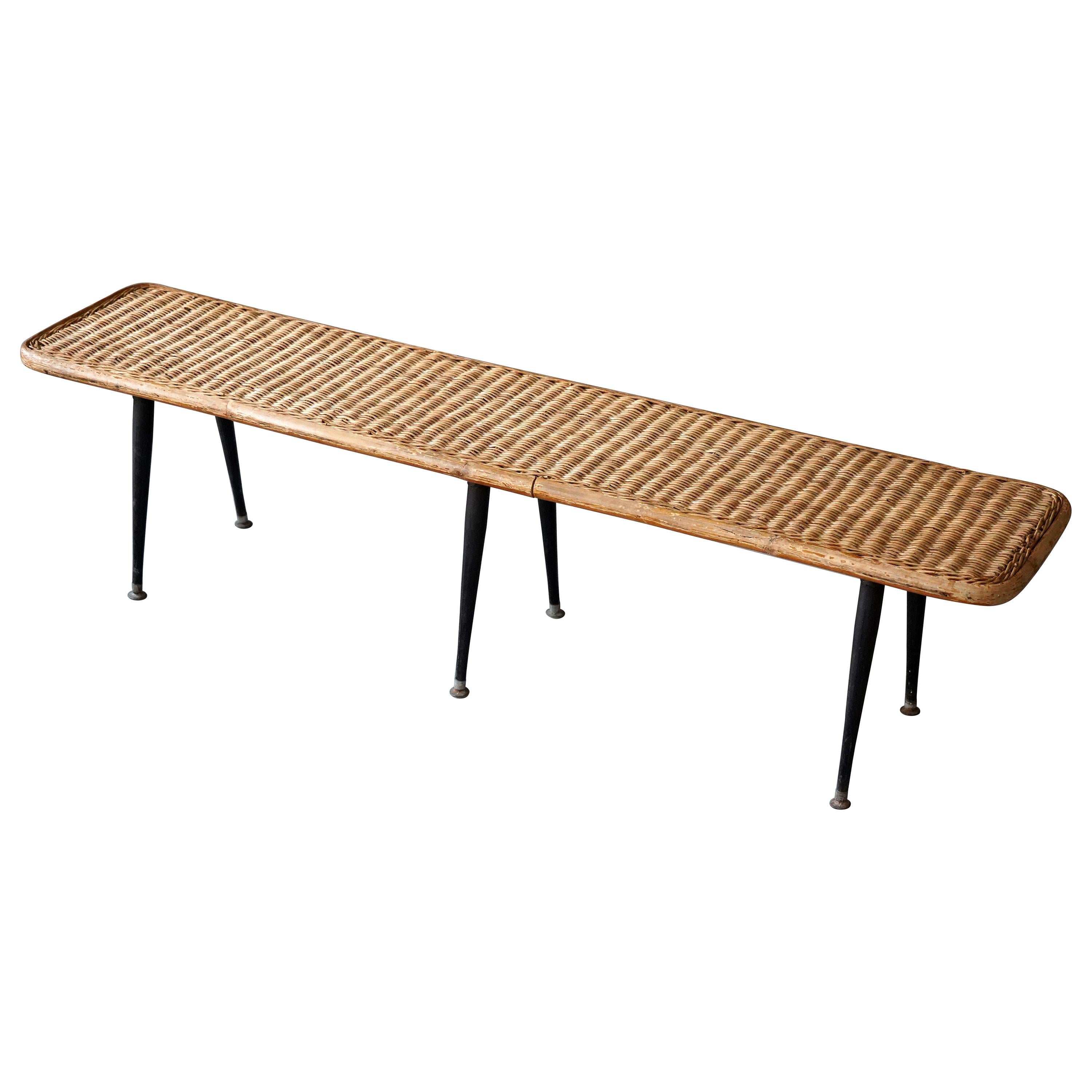 American Designer, Minimalist Bench, Woven Rattan, Bamboo, Lacquered Steel 1950s