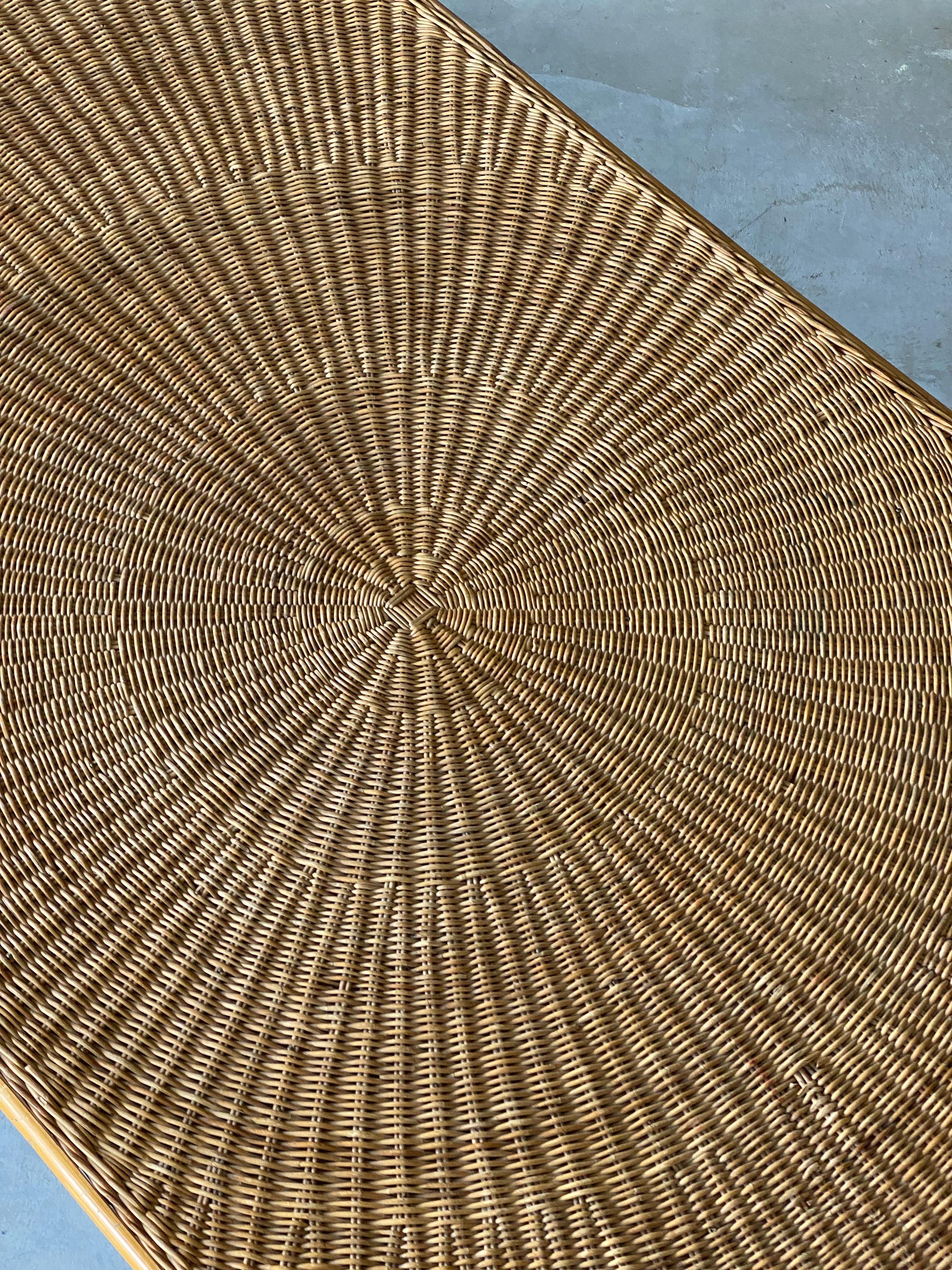 Mid-20th Century American Designer, Minimalist Dining Table, Woven Rattan, Lacquered Steel, 1950s