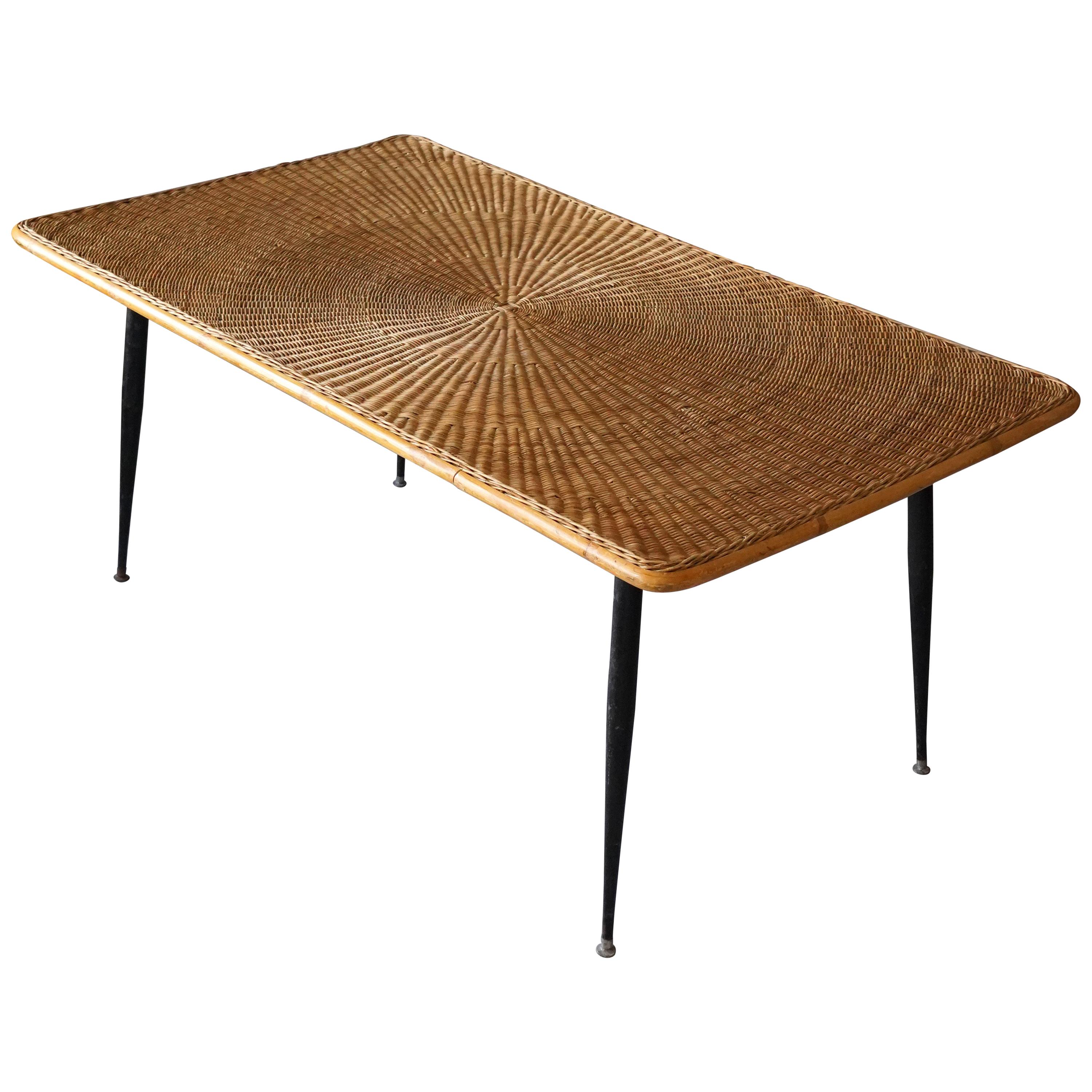 American Designer, Minimalist Dining Table, Woven Rattan, Lacquered Steel, 1950s