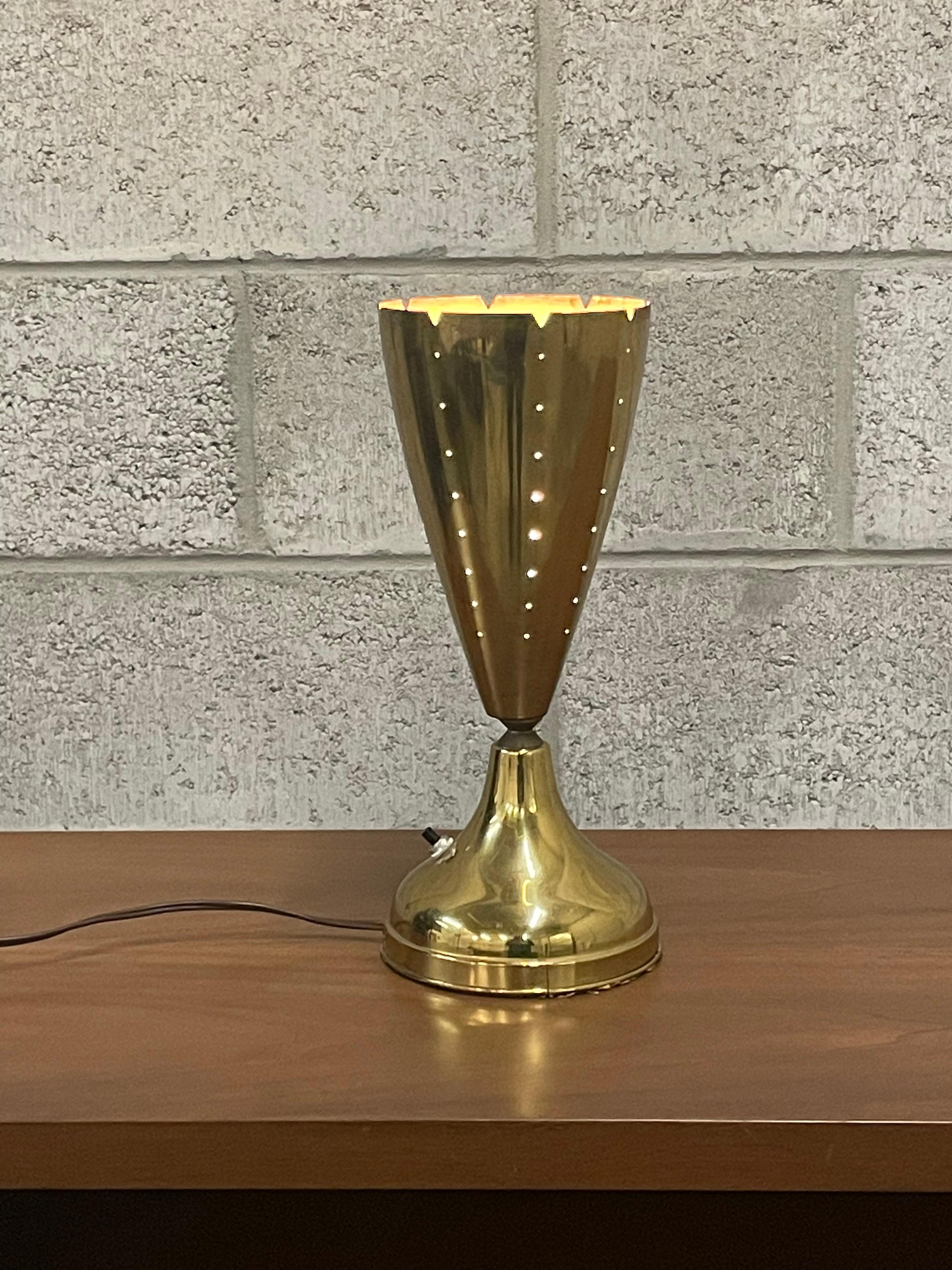 Mid-Century Modern American Designer Modernist Brass Lamp with Pierced Cone Shade For Sale