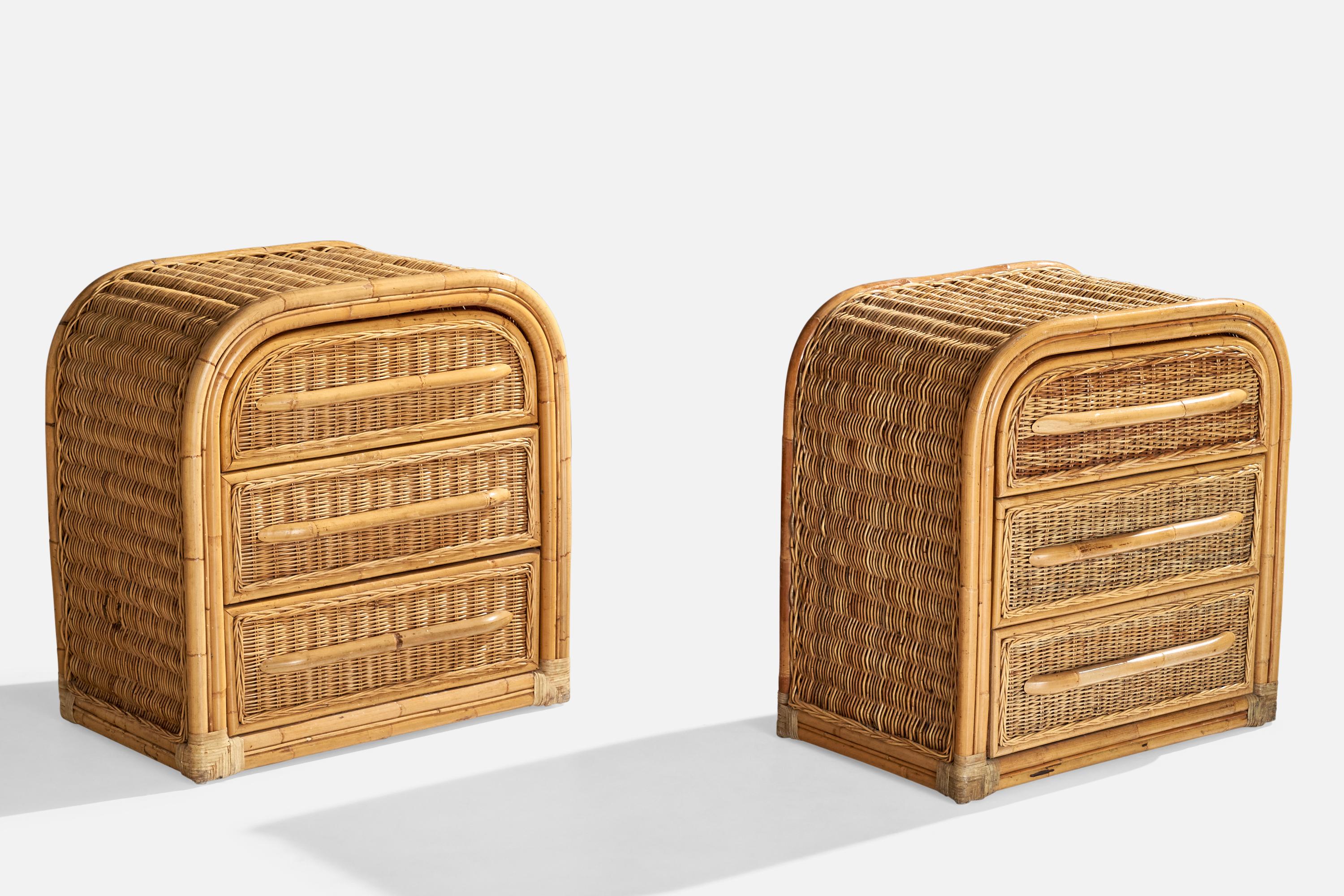 A pair of moulded bamboo and rattan nightstands or chests of drawers designed and produced in the US, c. 1980s.

