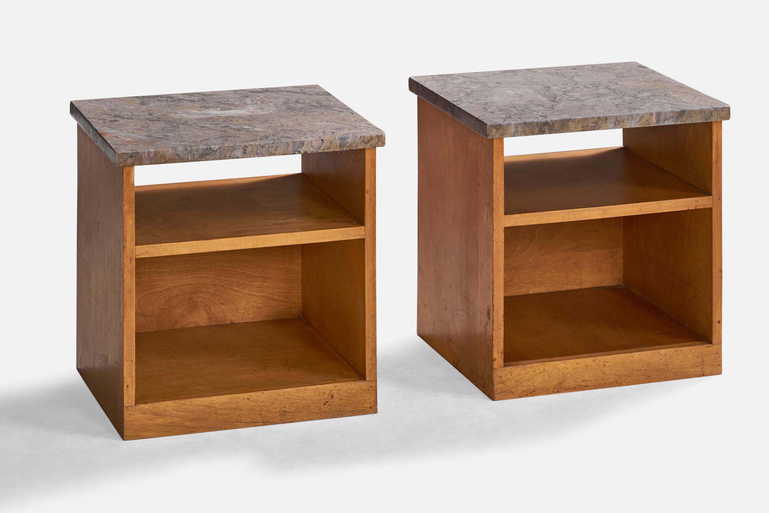 A pair of walnut and marble nightstands or bedside cabinets designed and produced in the US, c. 1950s.