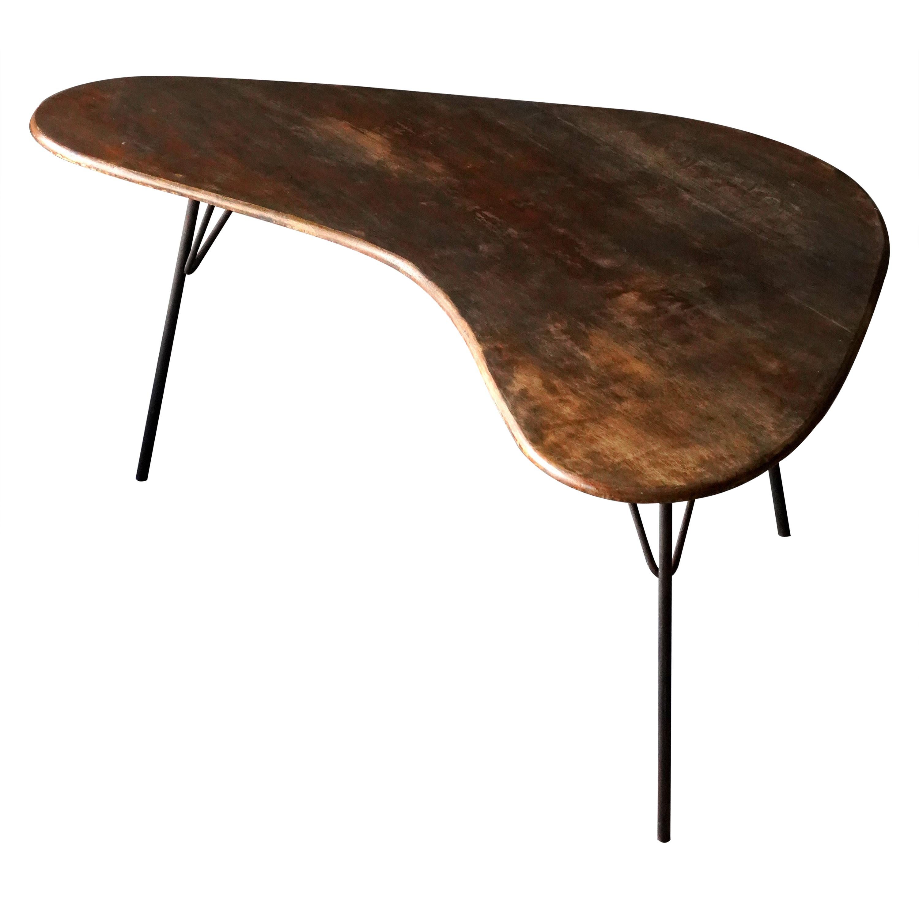 American Designer, Organic Desk or Table, Stained Wood, Iron, America, 1950s For Sale