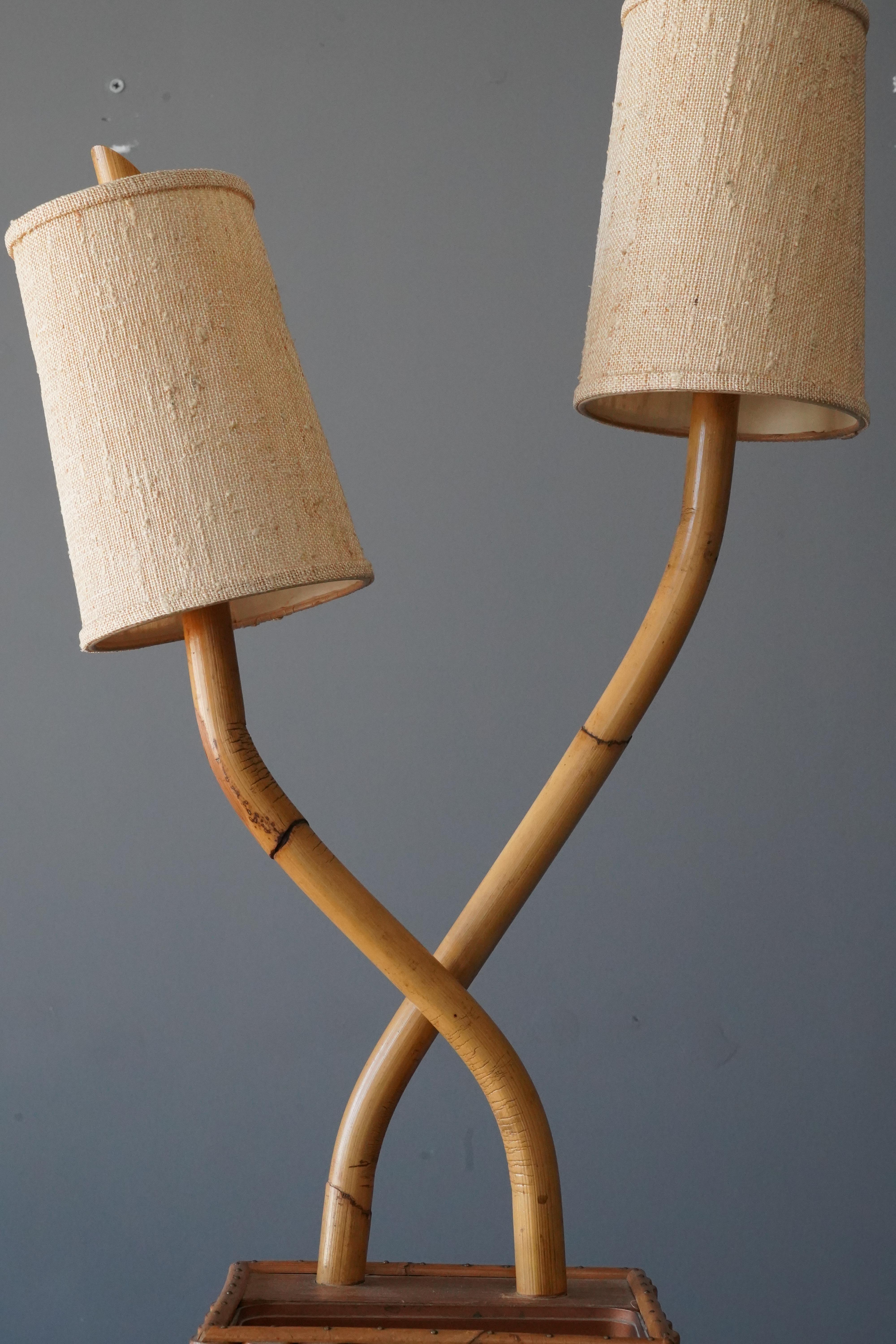 Mid-Century Modern American Designer, Organic Two-Armed Table Lamp, Bamboo, Cane, Fabric, 1950s