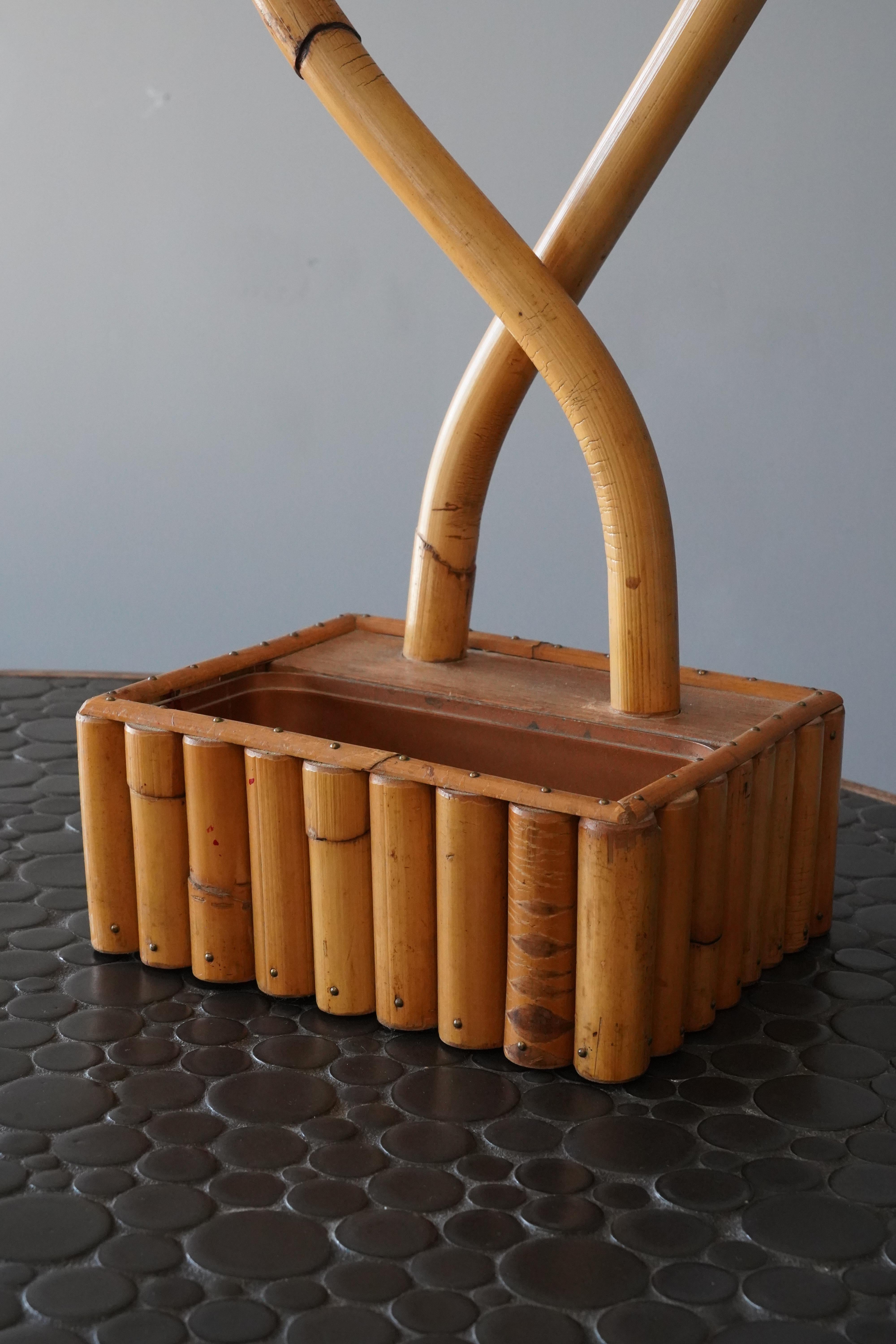 American Designer, Organic Two-Armed Table Lamp, Bamboo, Cane, Fabric, 1950s In Good Condition In High Point, NC