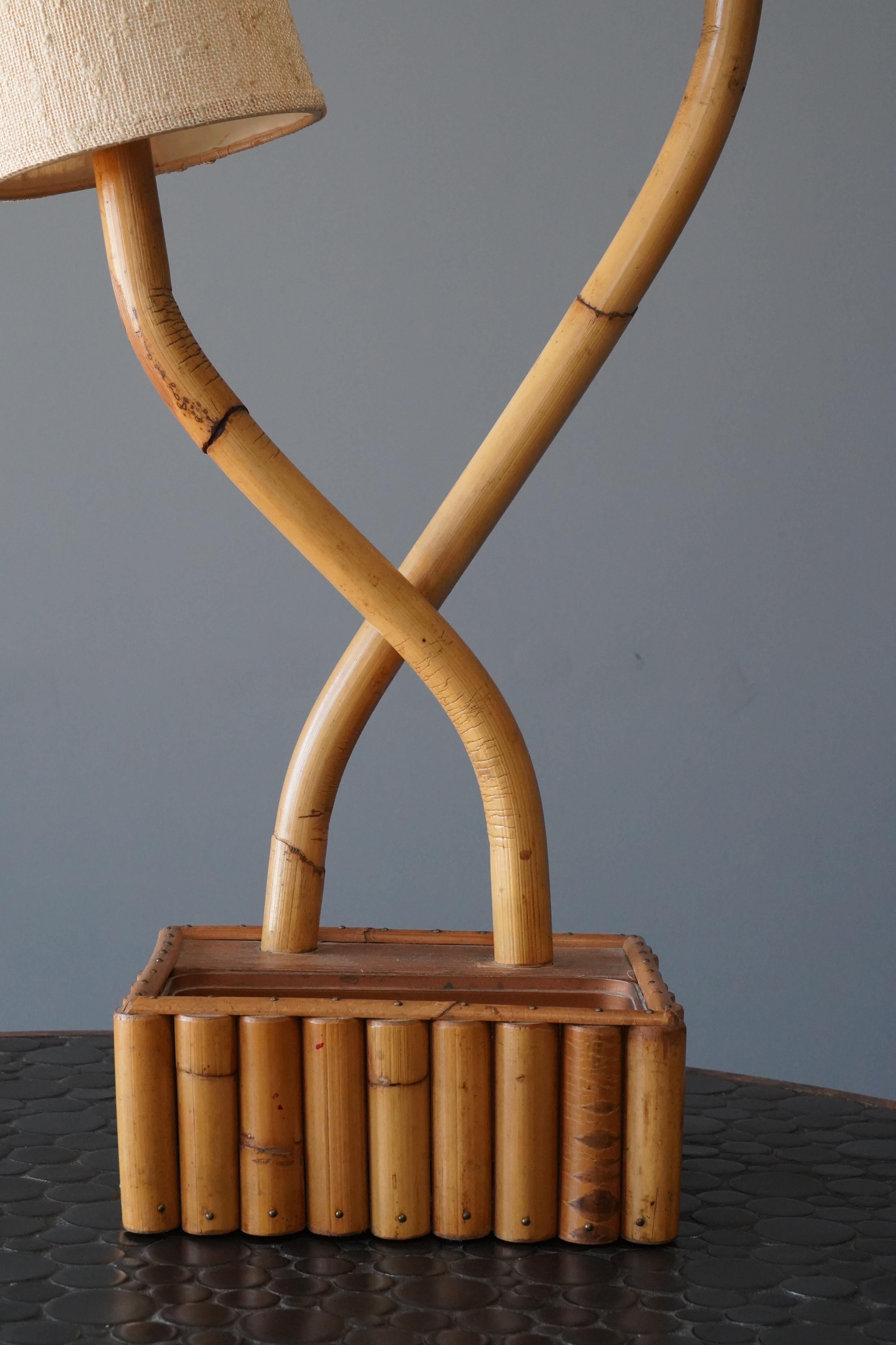 Mid-20th Century American Designer, Organic Two-Armed Table Lamp, Bamboo, Cane, Fabric, 1950s
