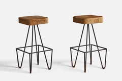 American Designer, Pair of Bar Stools, Iron, Velvet, USA, 1950s