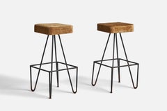 American Designer, Pair of Bar Stools, Iron, Velvet, USA, 1950s