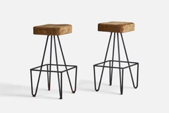 American Designer, Pair of Bar Stools, Iron, Velvet, USA, 1950s