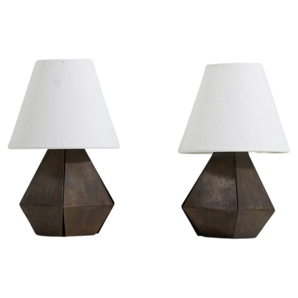 American Designer, Pair of Table Lamps, Darkened Brass, United States, 1960s For Sale