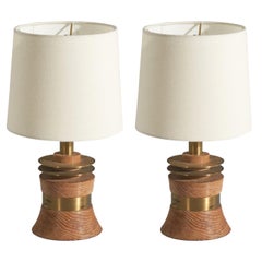 Vintage American Designer, Pair of Table Lamps, Oak, Brass, United States, 1960s