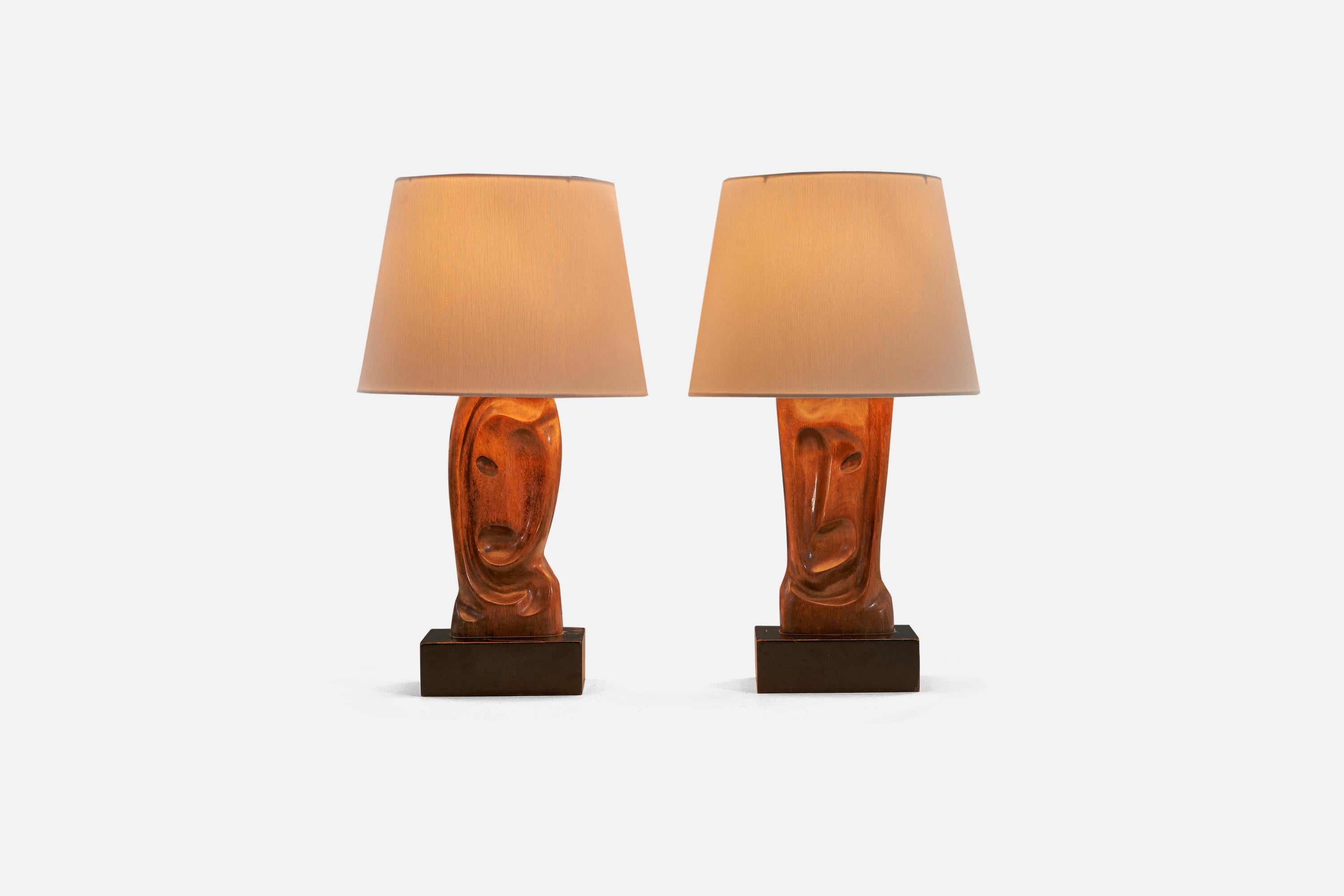 American Designer, Pair of Table Lamps, Oak, United States, 1950s In Good Condition For Sale In High Point, NC
