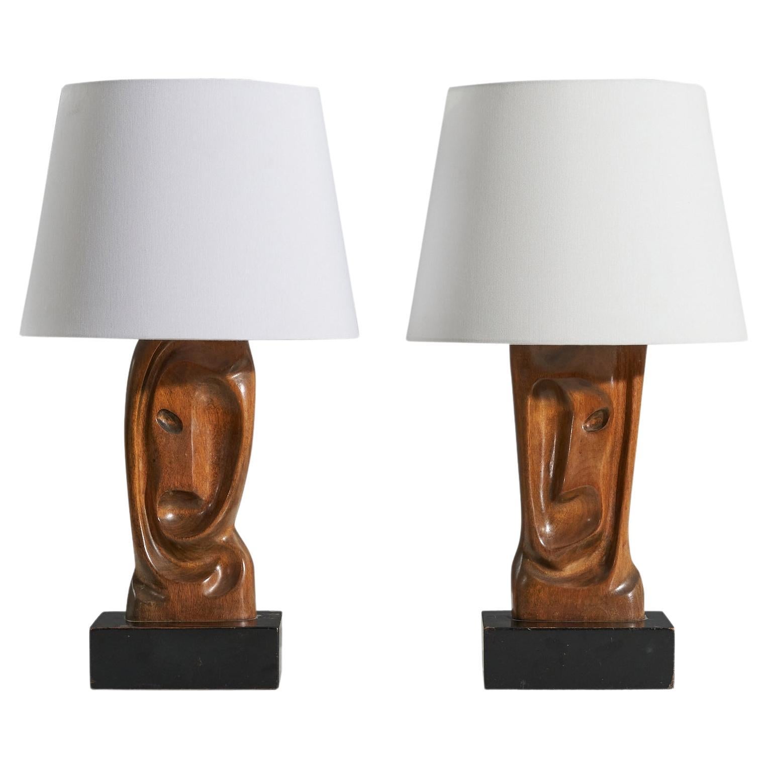 American Designer, Pair of Table Lamps, Oak, United States, 1950s