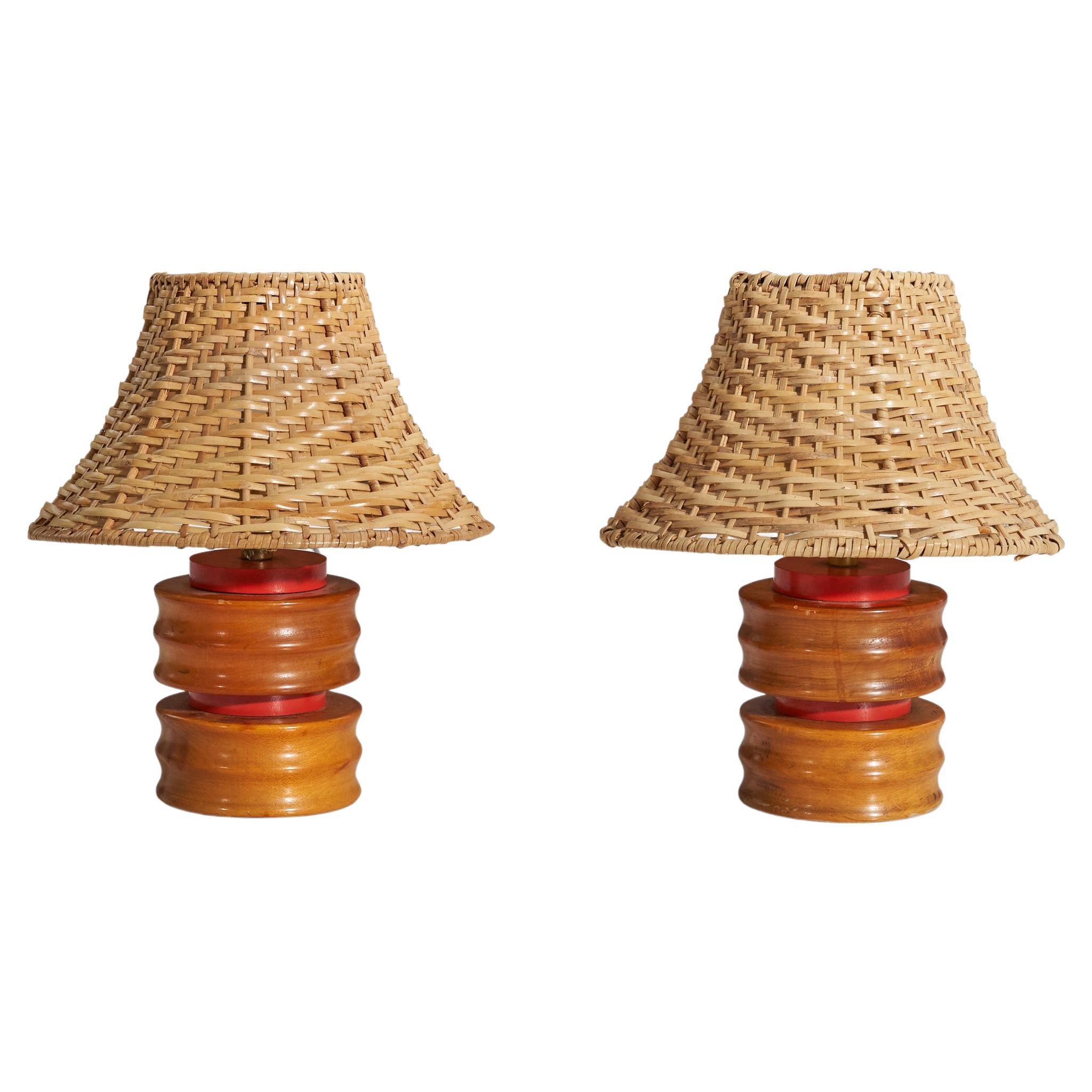 American Designer, Pair of Table Lamps, Wood, United States, 1960s For Sale