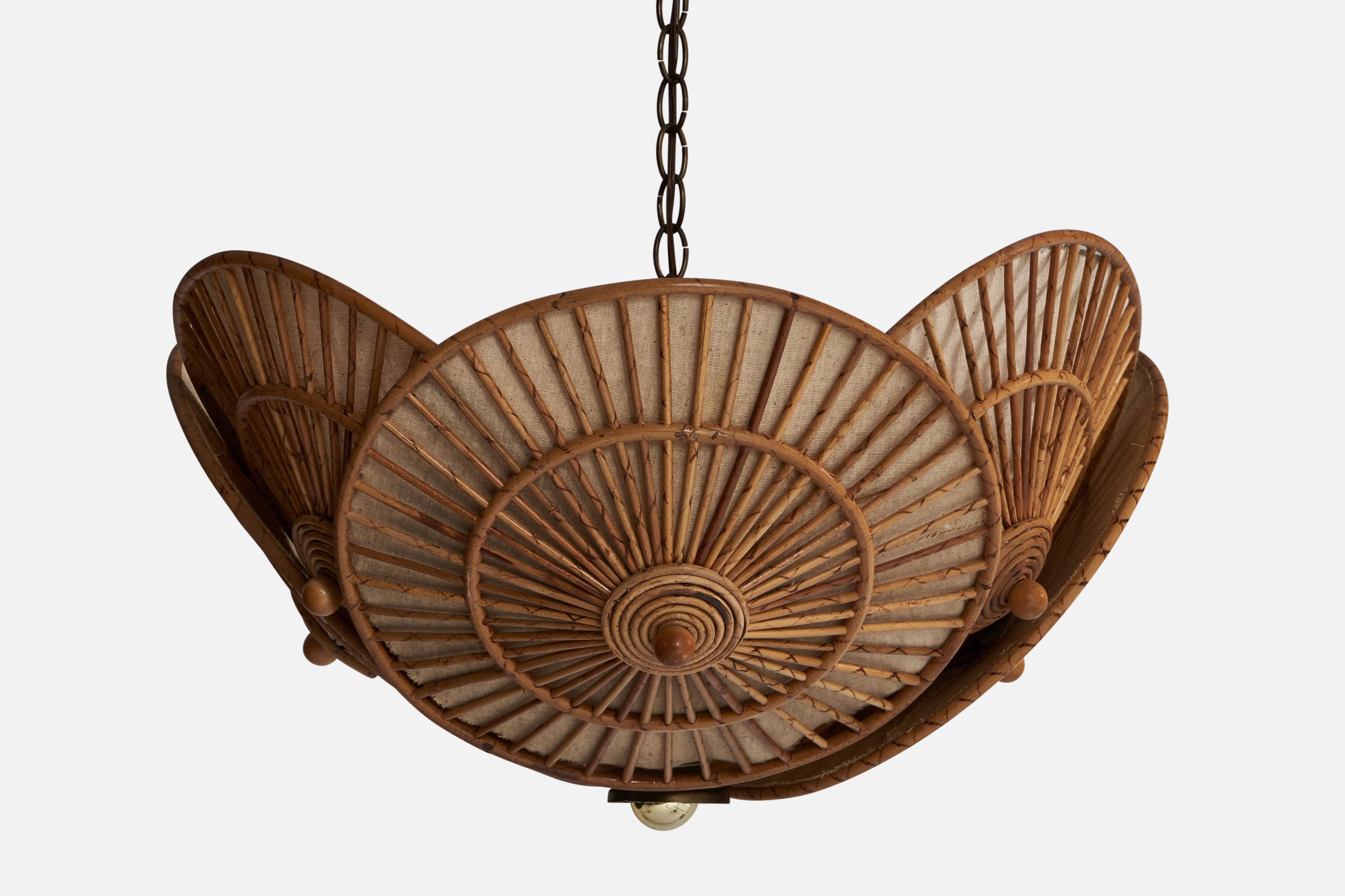 A wood, moulded bamboo and raffia pendant light designed and produced in the US, 1950s.

Dimensions of canopy (inches): n/a, hangs via a chain
Socket takes standard E-26 bulbs. 2 sockets.There is no maximum wattage stated on the fixture. All