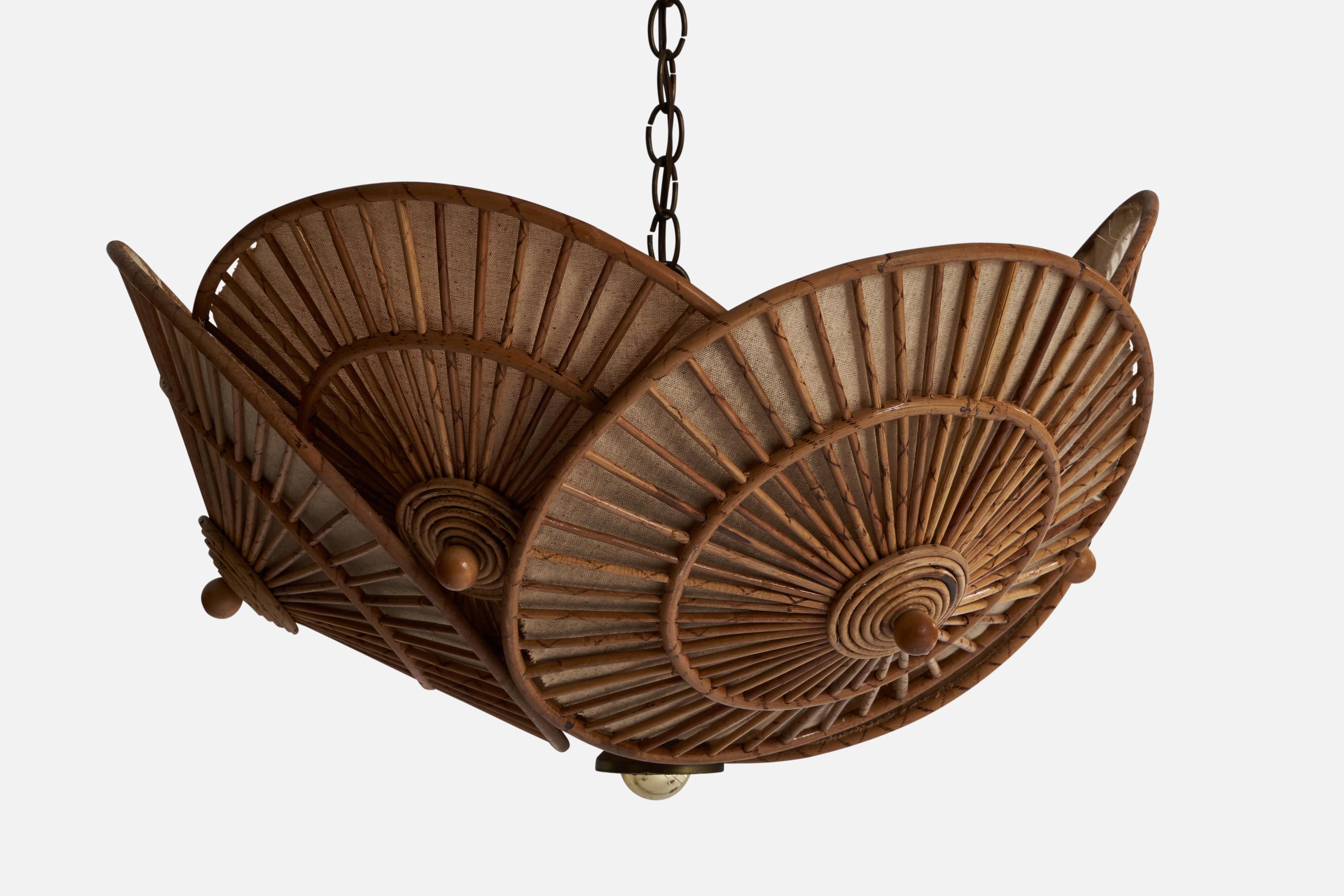 American Designer, Pendant Light, Bamboo, Wood, Raffia, USA, 1950s In Good Condition For Sale In High Point, NC
