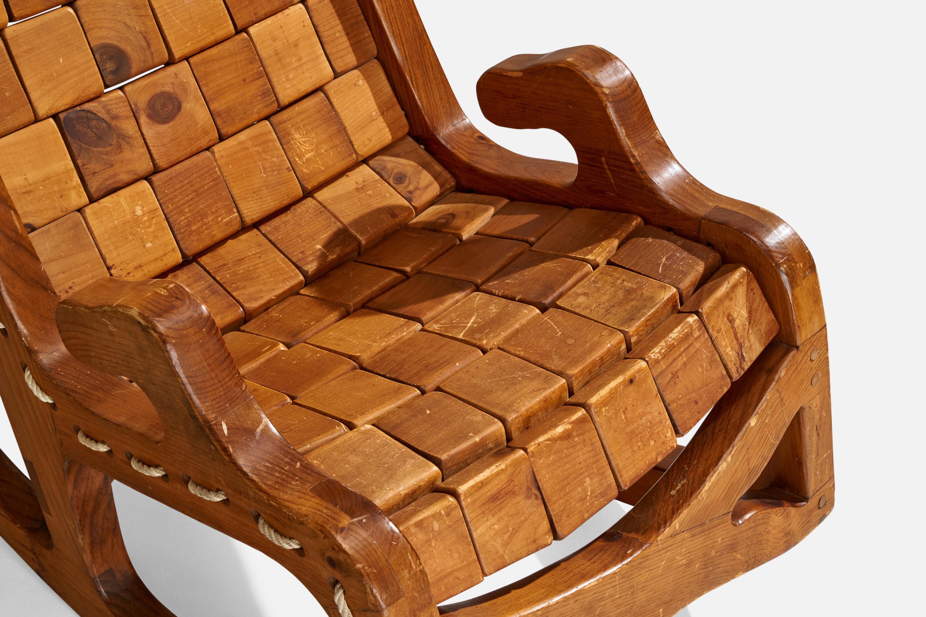 American Designer, Rocking Chair, Pine, Cord, USA, 1970s For Sale 2