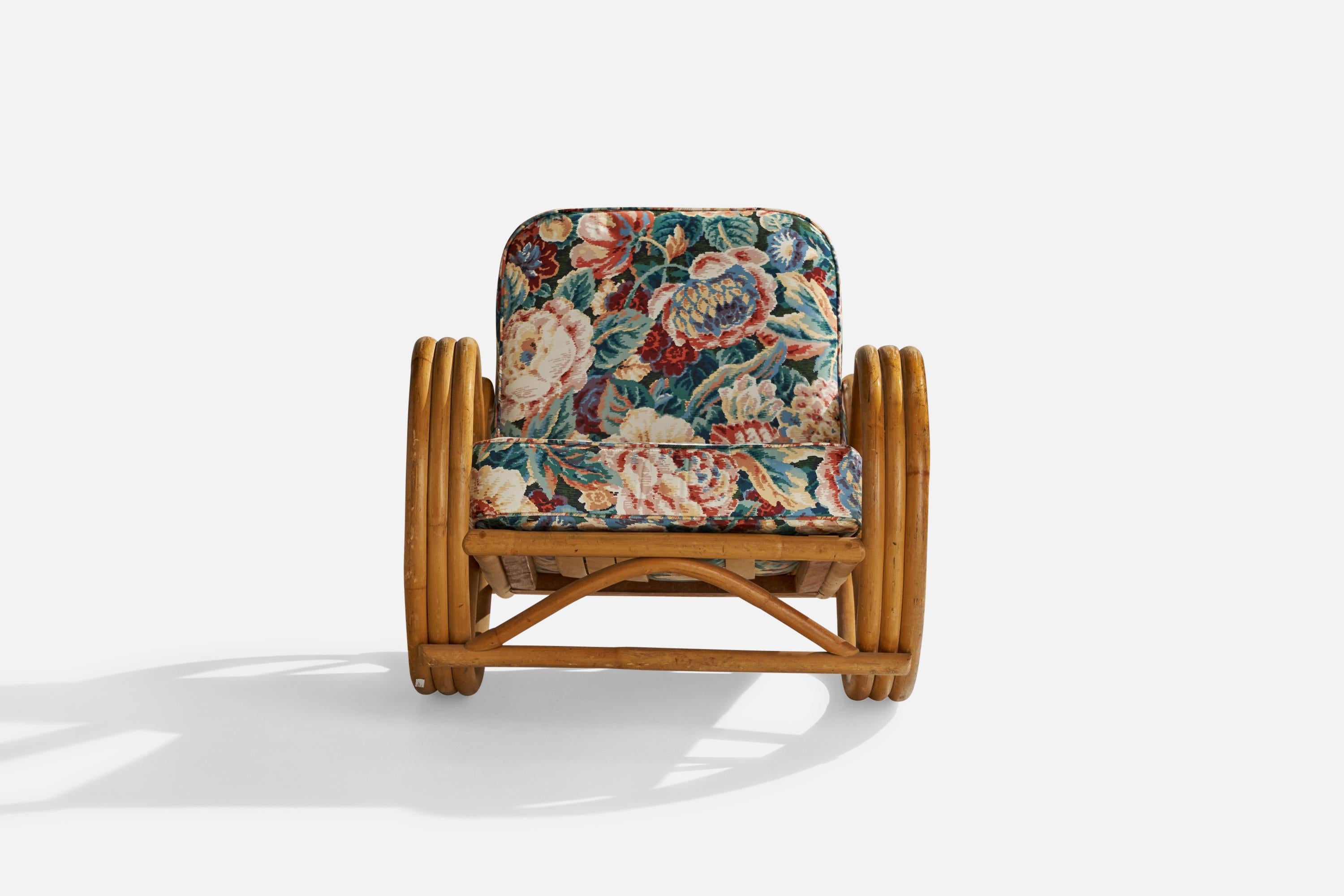 Mid-Century Modern Designer américain, chaise longue à bascule, bambou, tissu, États-Unis, années 1950