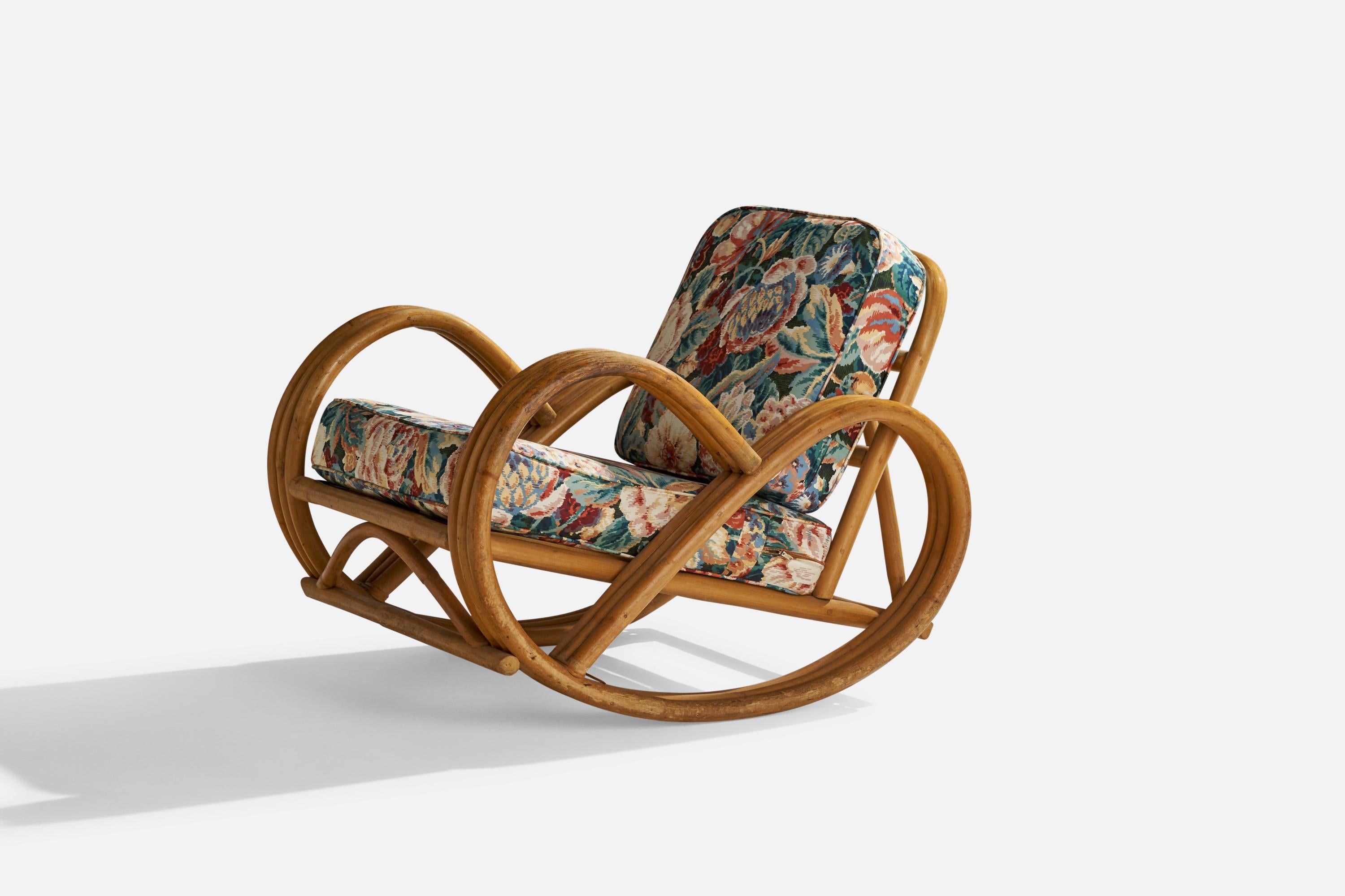 American Designer, Rocking Lounge Chair, Bamboo, Fabric, USA, 1950s In Good Condition In High Point, NC