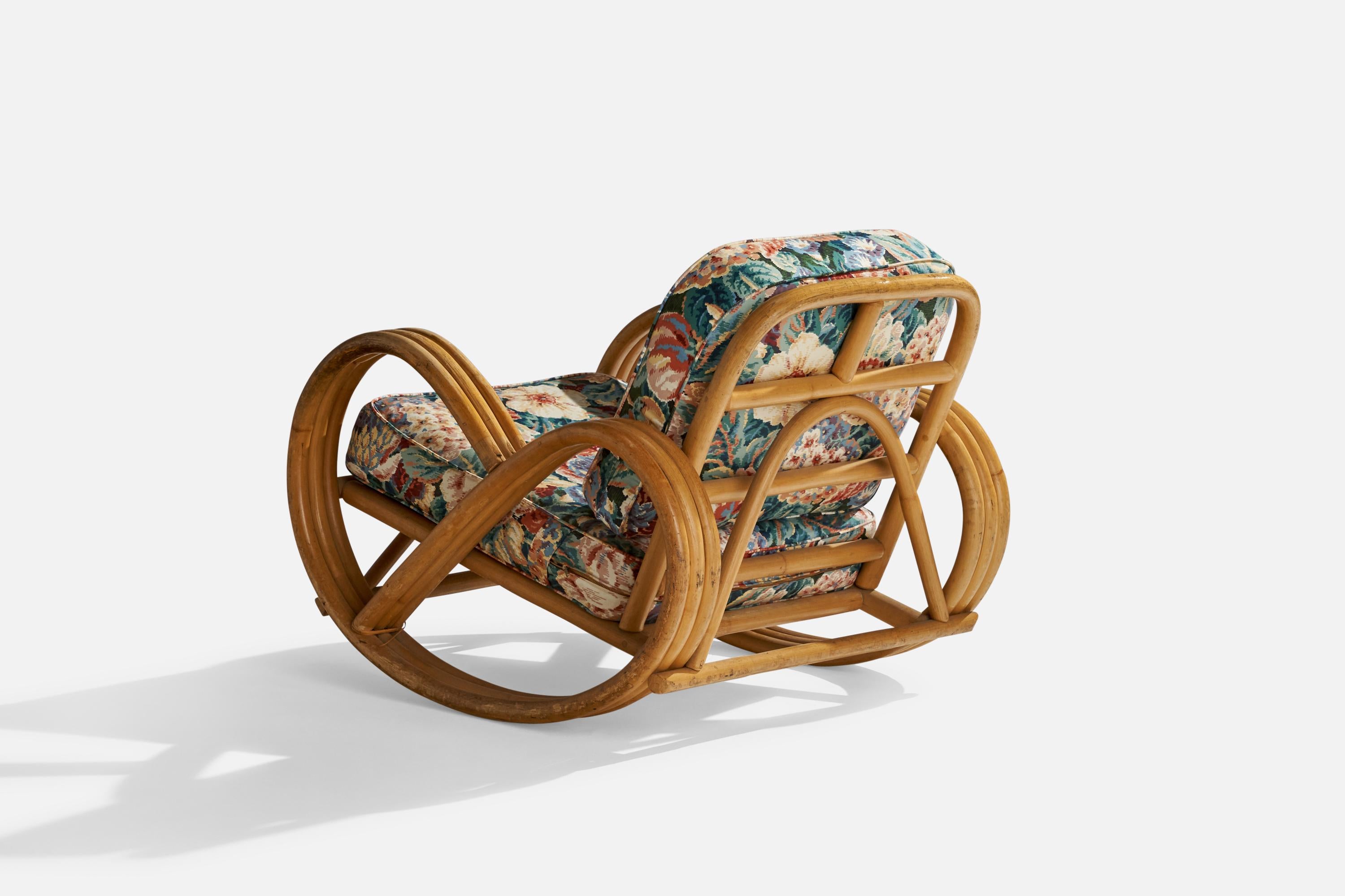 Mid-20th Century American Designer, Rocking Lounge Chair, Bamboo, Fabric, USA, 1950s For Sale