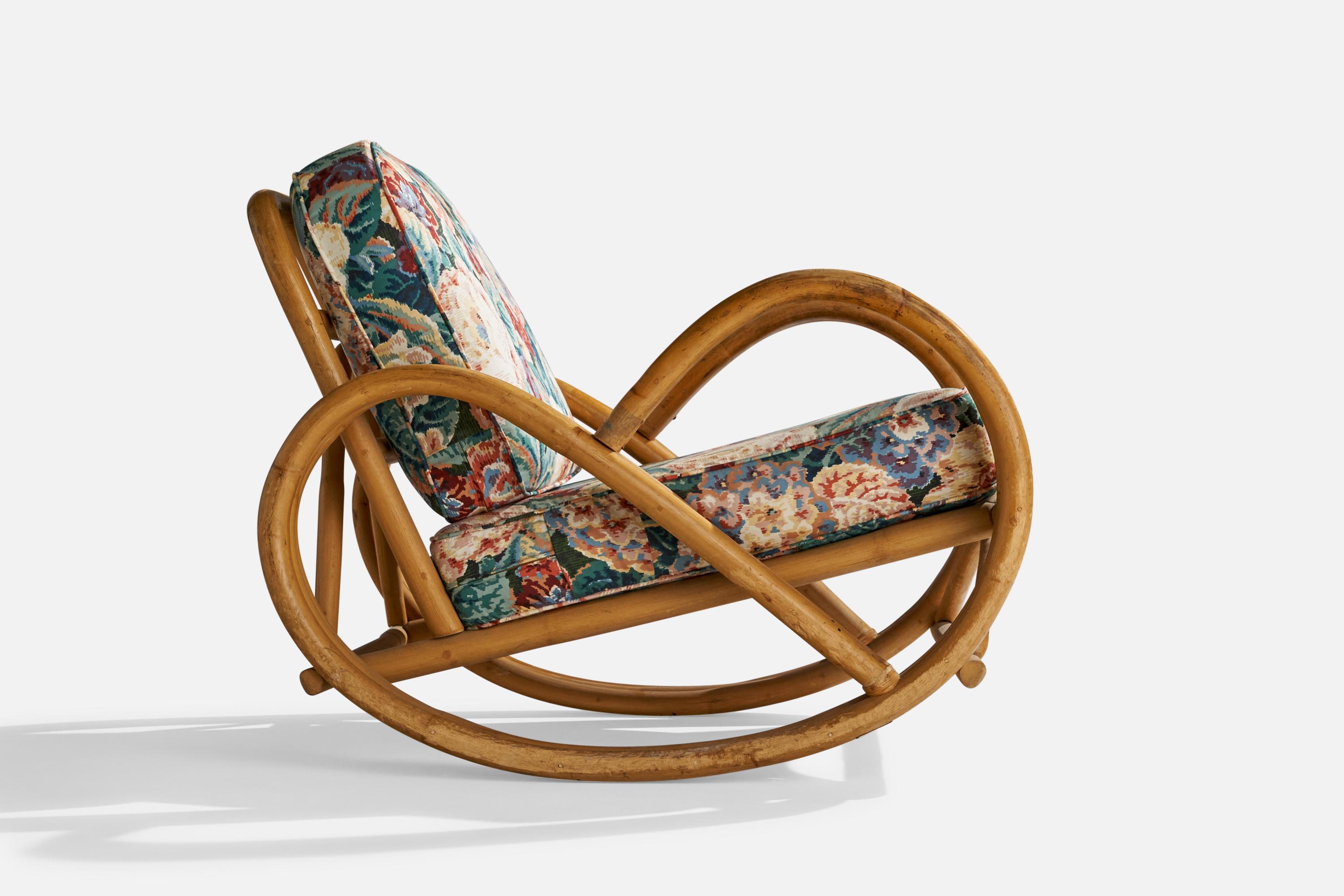 American Designer, Rocking Lounge Chair, Bamboo, Fabric, USA, 1950s For Sale 1