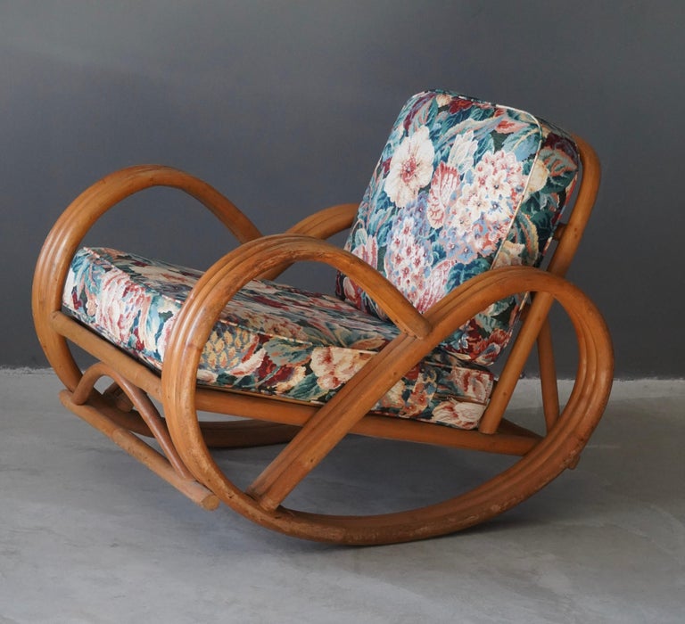 Mid-Century Modern American Designer, Rocking Lounge Chair Bamboo Floral Fabric United States 1950s For Sale