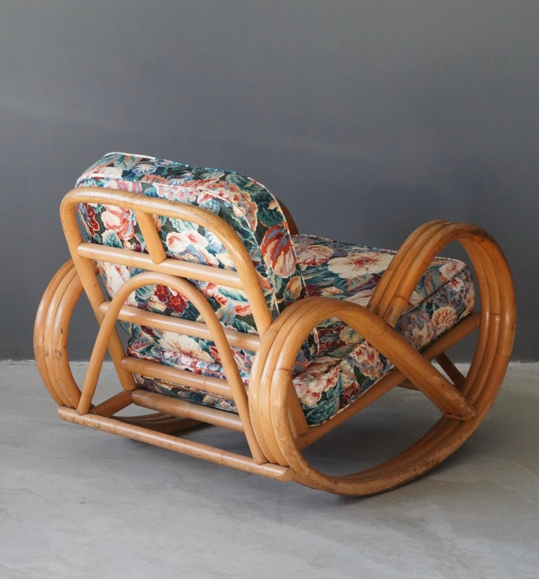 Mid-20th Century American Designer, Rocking Lounge Chair Bamboo Floral Fabric United States 1950s For Sale