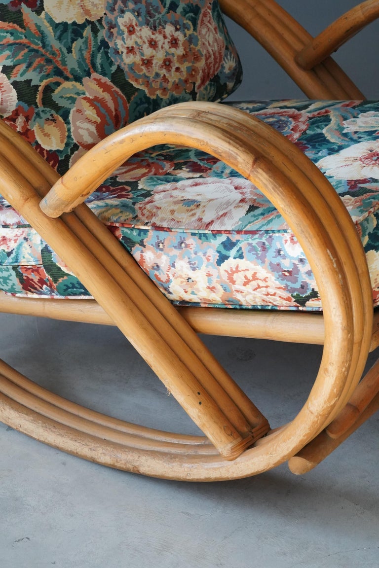 Rattan American Designer, Rocking Lounge Chair Bamboo Floral Fabric United States 1950s For Sale