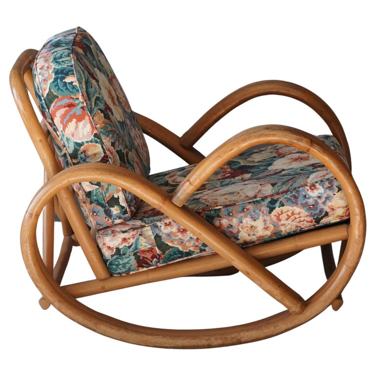 American Designer, Rocking Lounge Chair Bamboo Floral Fabric United States 1950s For Sale
