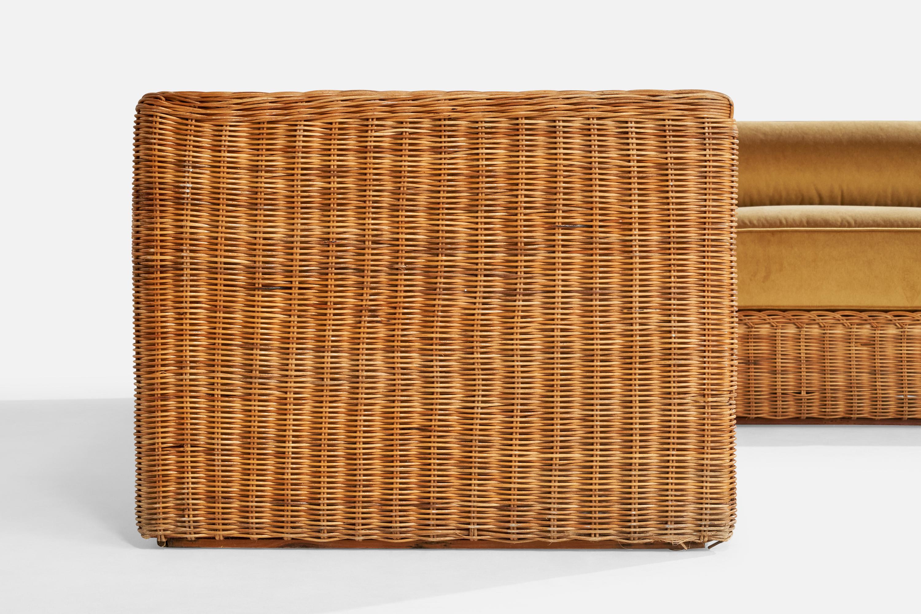Designer américain, canapé sectionnel, rotin, velours, États-Unis, 1970 en vente 4
