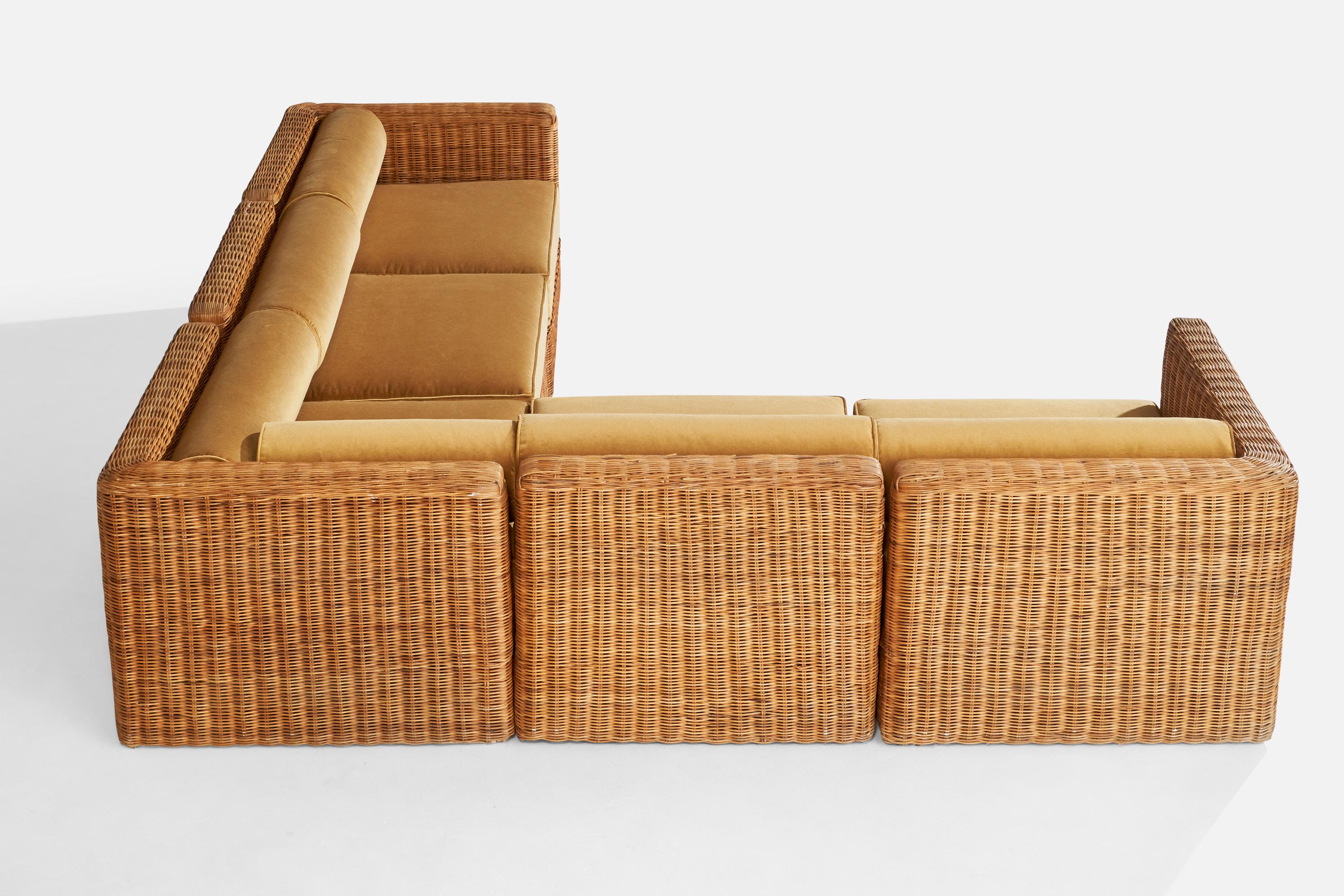 Américain Designer américain, canapé sectionnel, rotin, velours, États-Unis, 1970 en vente