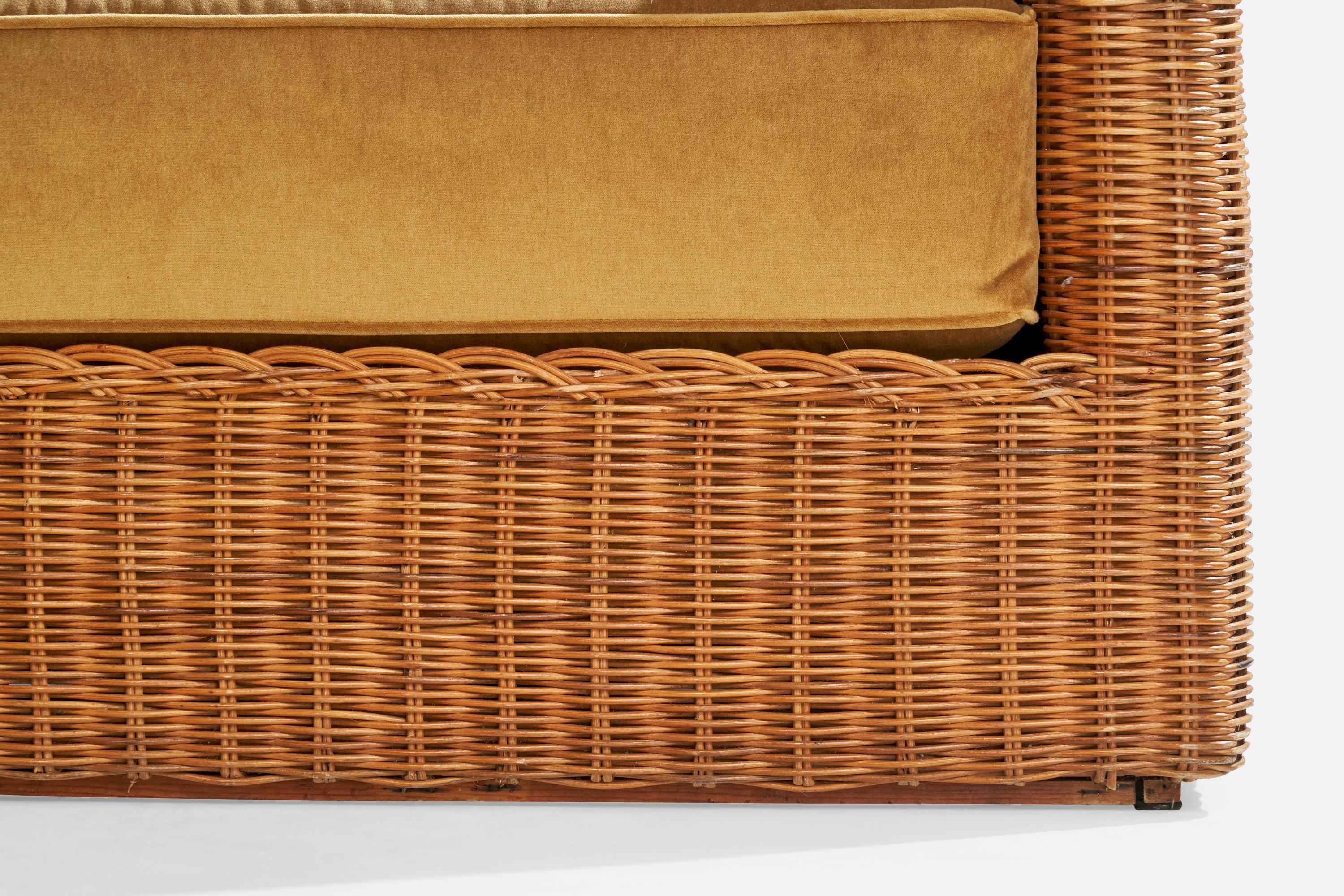 Designer américain, canapé sectionnel, rotin, velours, États-Unis, 1970 en vente 3