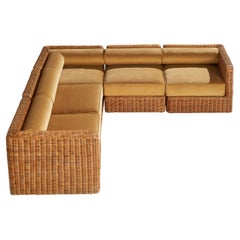 American Designer, Sectional Sofa, Rattan, Velvet, USA, 1970s