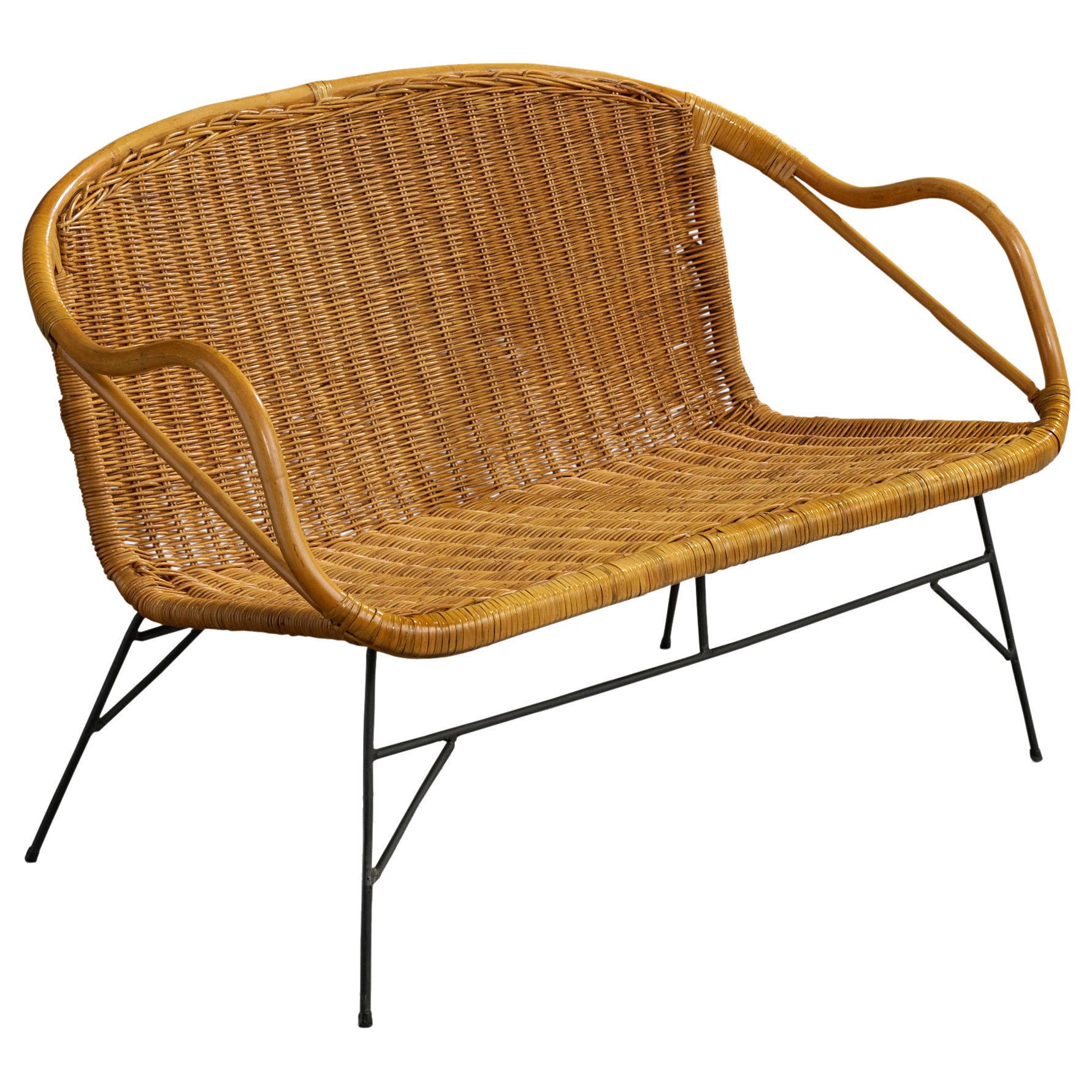 American Designer, Settee, Bamboo, Rattan, Iron, USA, 1950s